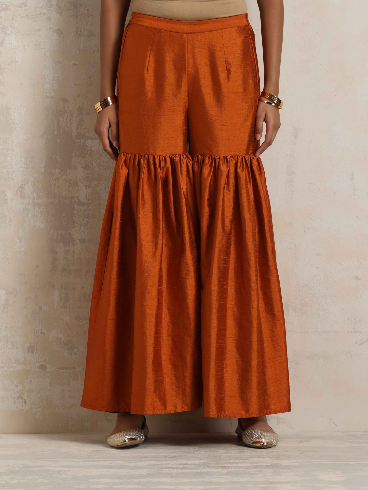 trueBrowns Orange Silk Sharara Dupatta Set | Swadesiicart