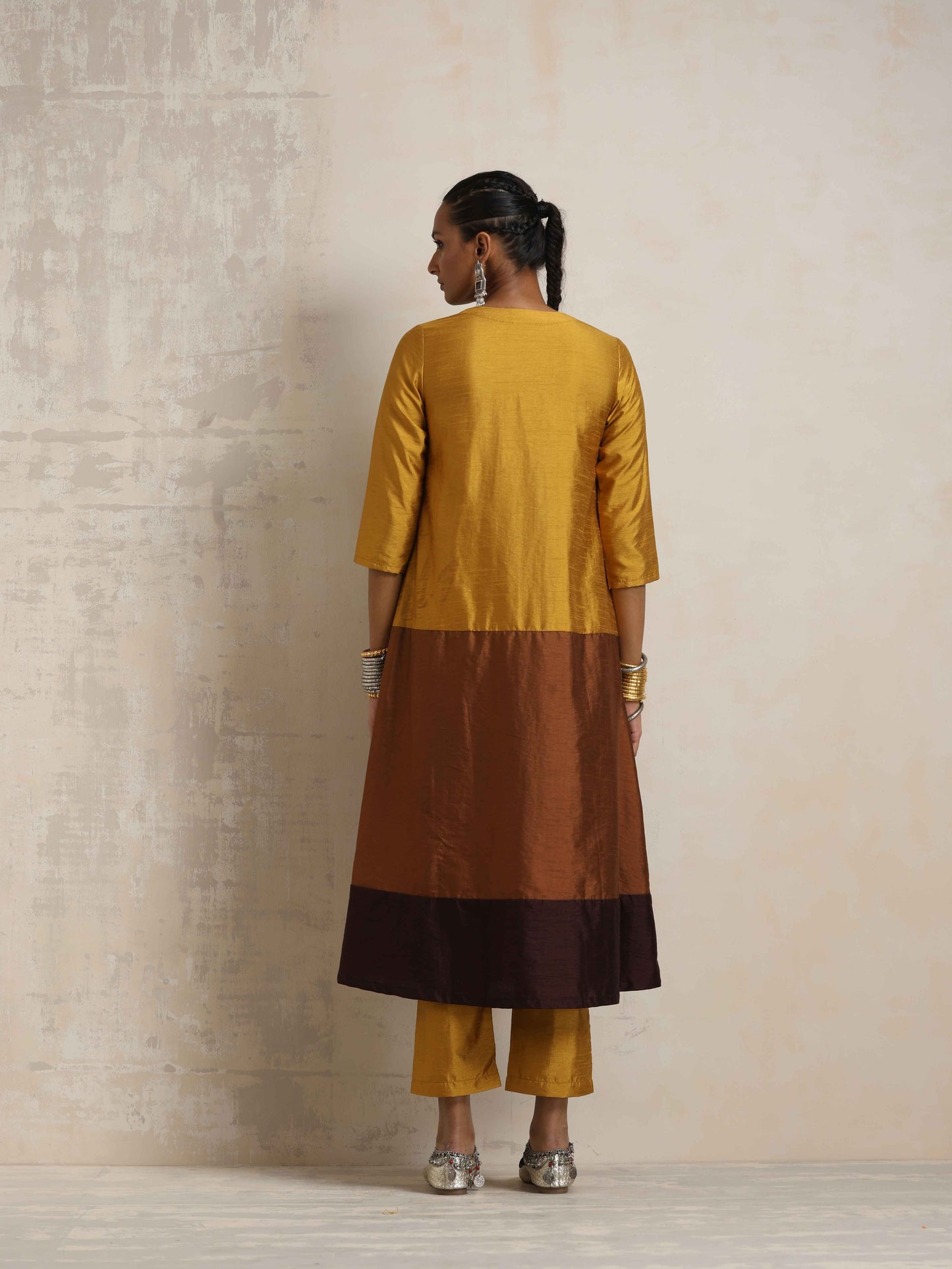 trueBrowns Gold Brown Silk A-line Kurta Set | Swadesiicart