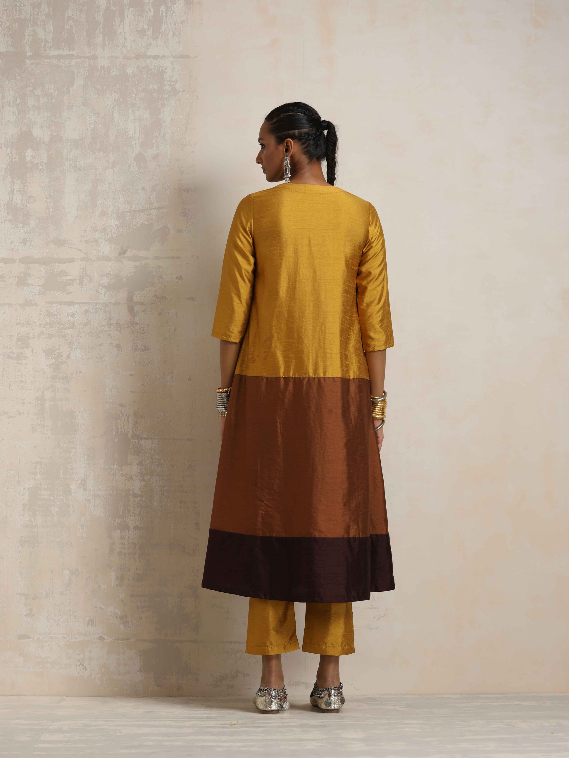 trueBrowns Gold Brown Silk A-line Kurta Set | Swadesiicart