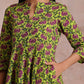 trueBrowns Lime Green Overall Pink Floral Block Print Cotton Flared Kurta Pant Set | Swadesiicart