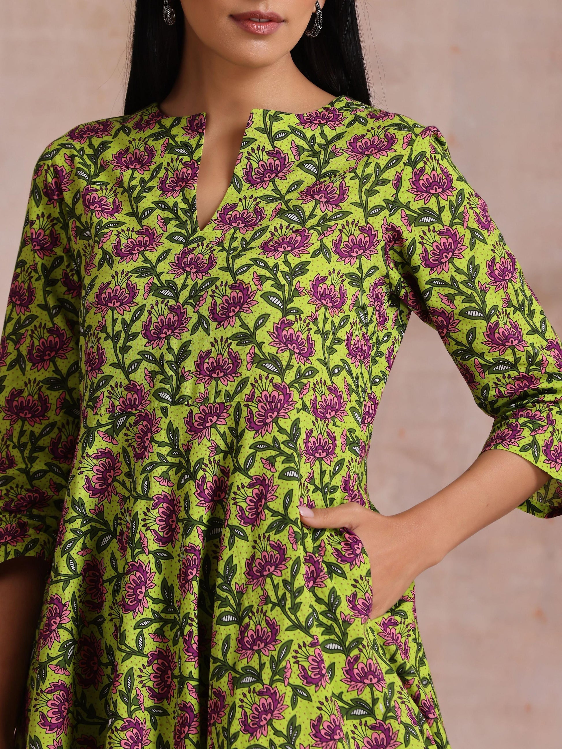 trueBrowns Lime Green Overall Pink Floral Block Print Cotton Flared Kurta Pant Set | Swadesiicart