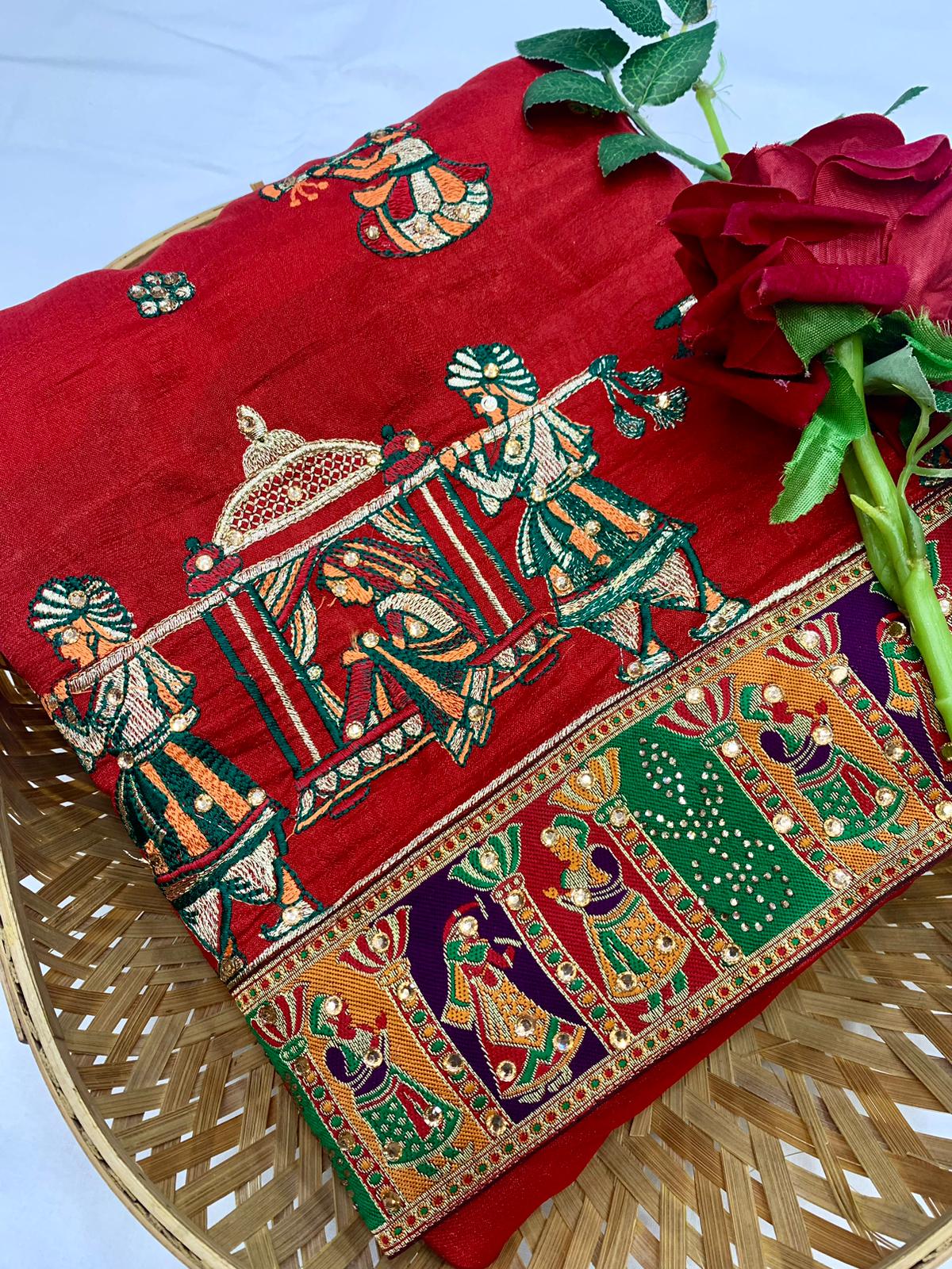 Lorenvalley Fashion Premium Red Vichitra Silk Embroidery and Diamond work Both Side Saree - Swadesiicart