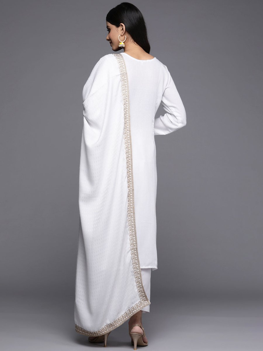Ahalyaa Women White Ethnic Motifs Embroidered Aari Work Pashmina Kurta with Salwar & With Dupatta | Swadesiicart