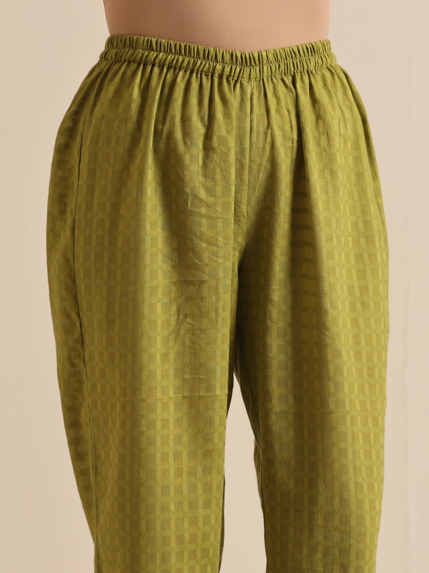 trueBrowns Fresh Green Dobby Puff Sleeve Kurta Pant Set | Swadesiicart