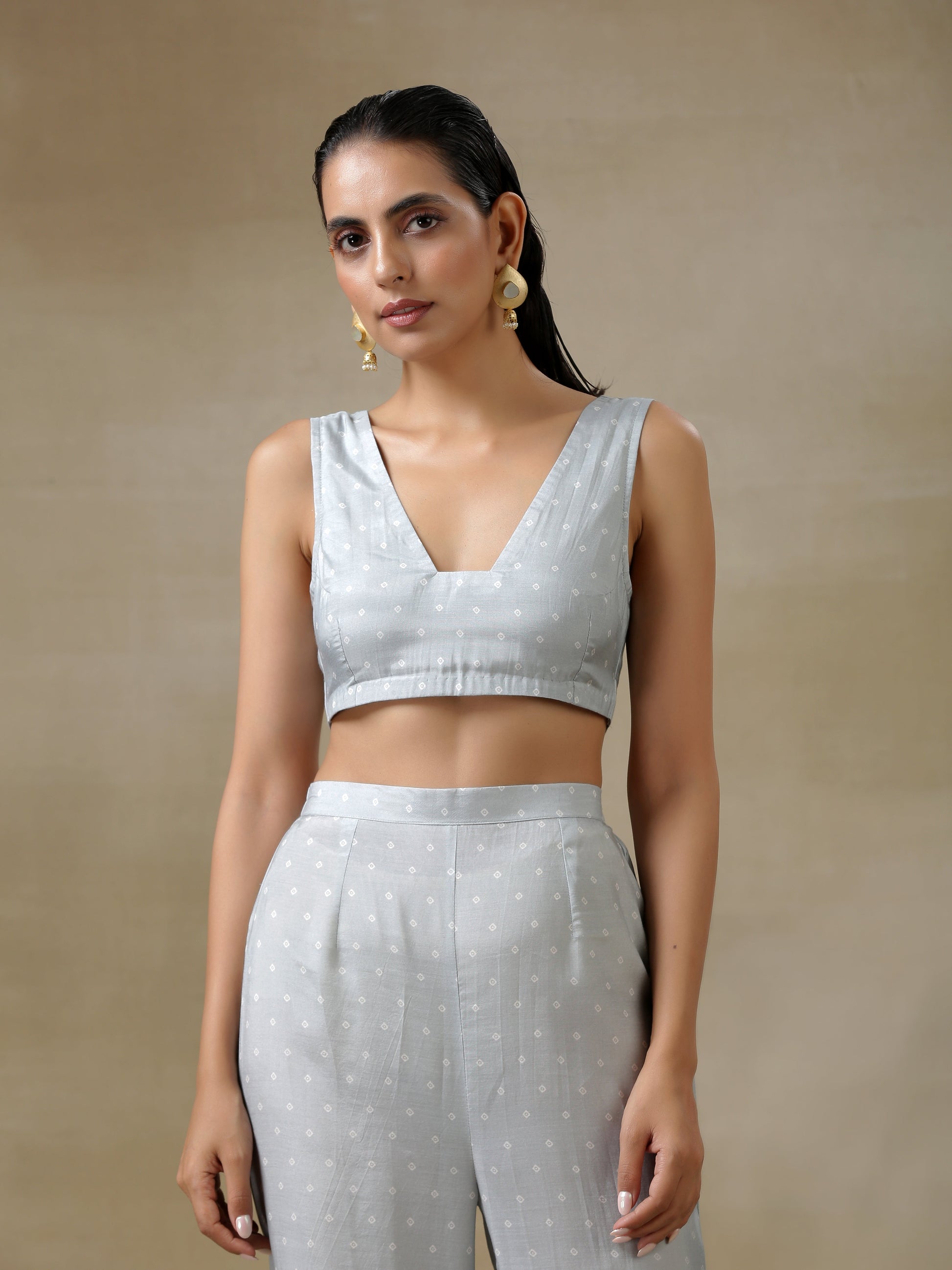 trueBrowns Grey Bandhani Printed Silk Overlay Jacket Blouse Pant Set | Swadesiicart