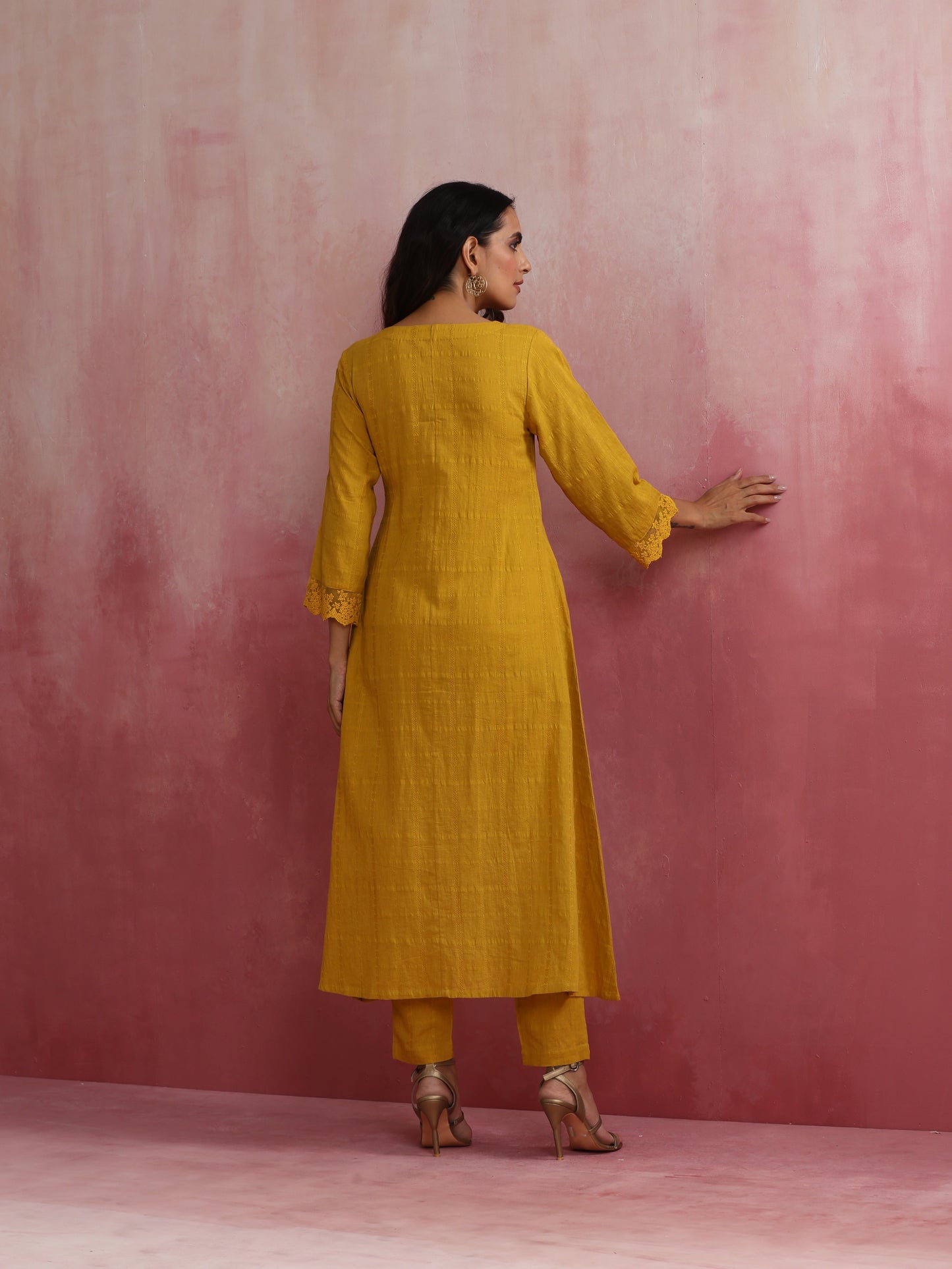 trueBrowns Mustard Cotton Dobby Kurta Set | Swadesiicart