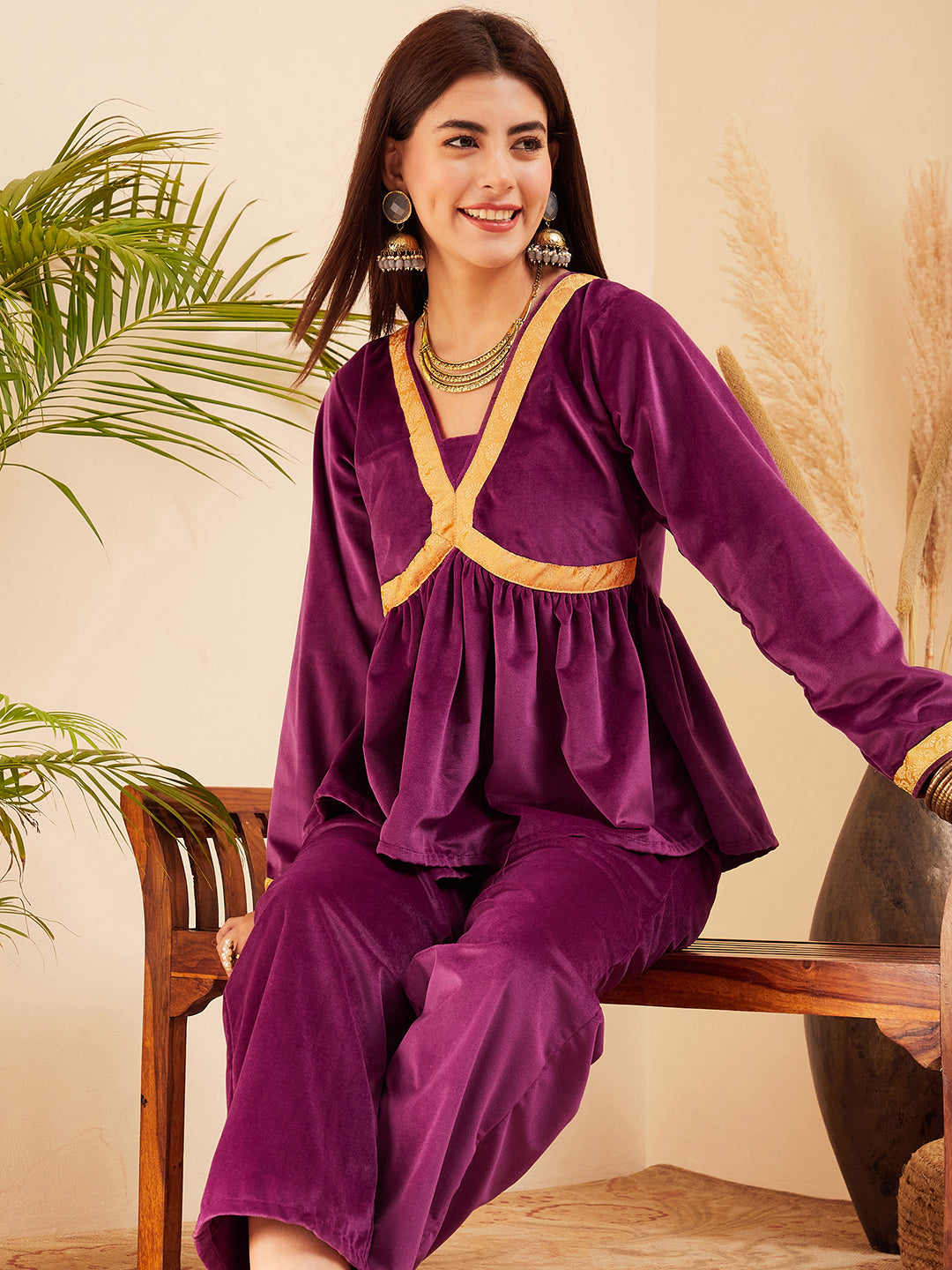 InWeave Women's Wine Mughal Shaan Style Velvet Short Kurta Set - Swadesiicart