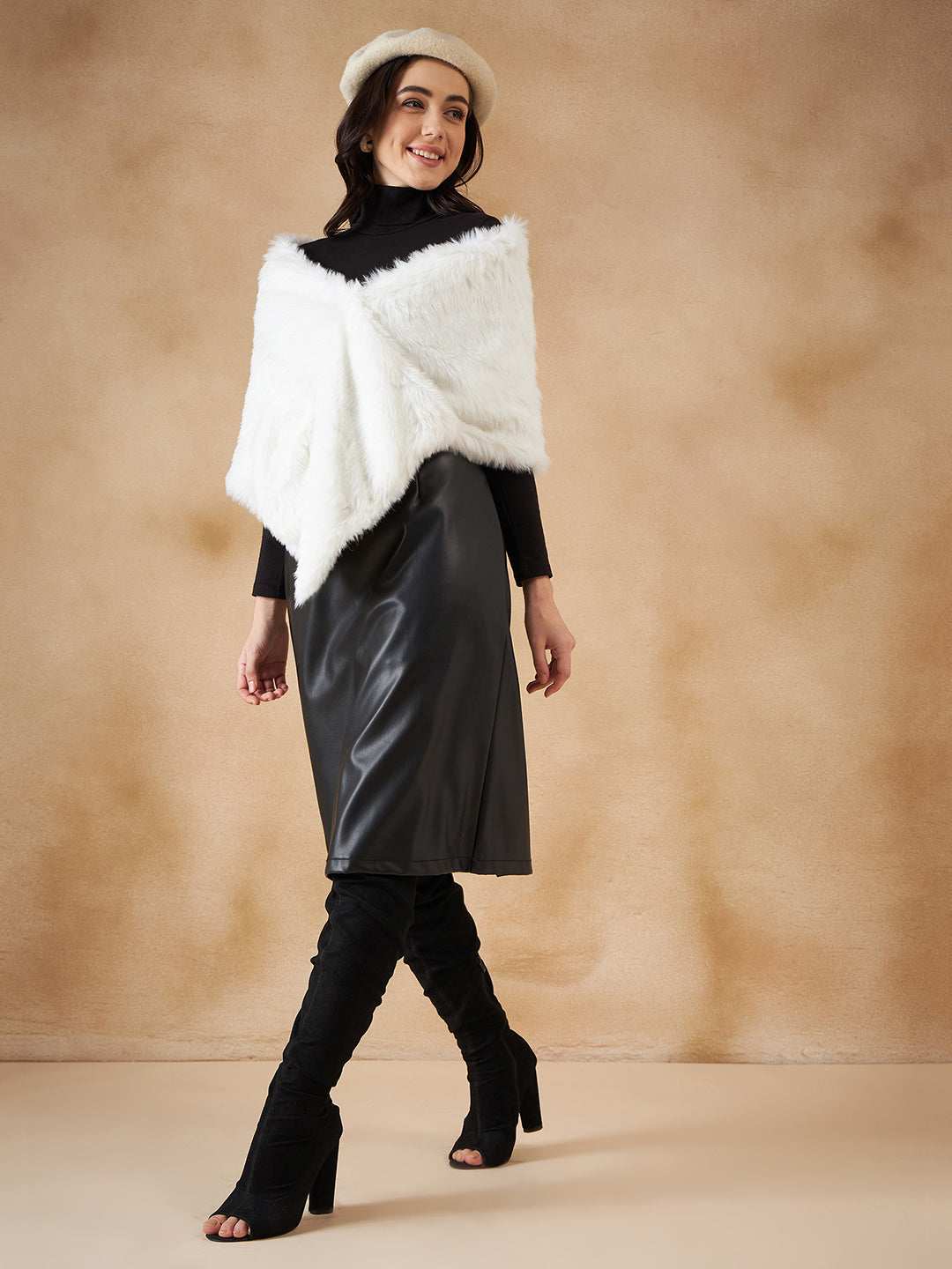 InWeave Women's Pure White Faux Fur Cape - Swadesiicart