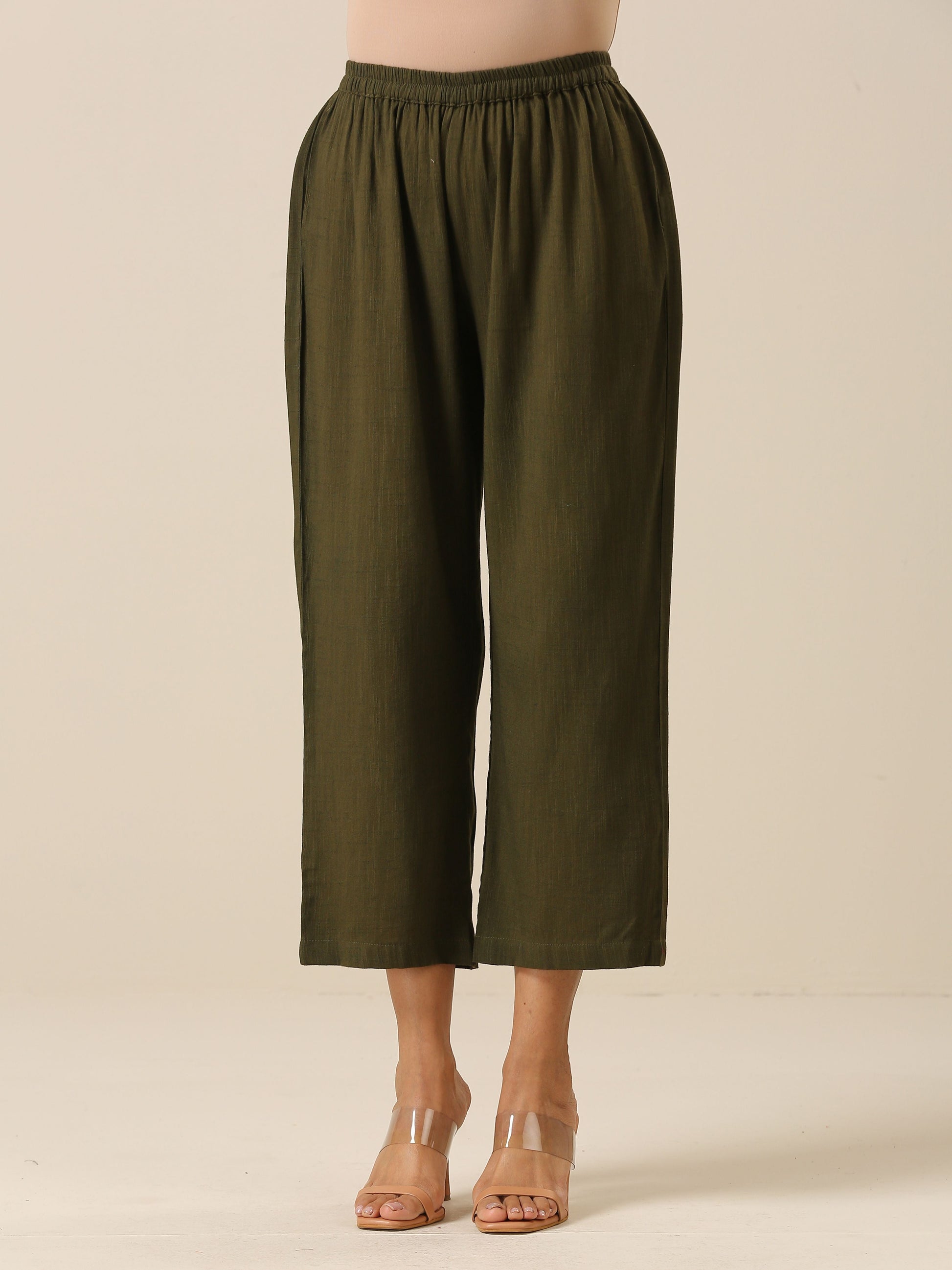 trueBrowns Olive Green Slub Texture Kurta Pant Set | Swadesiicart