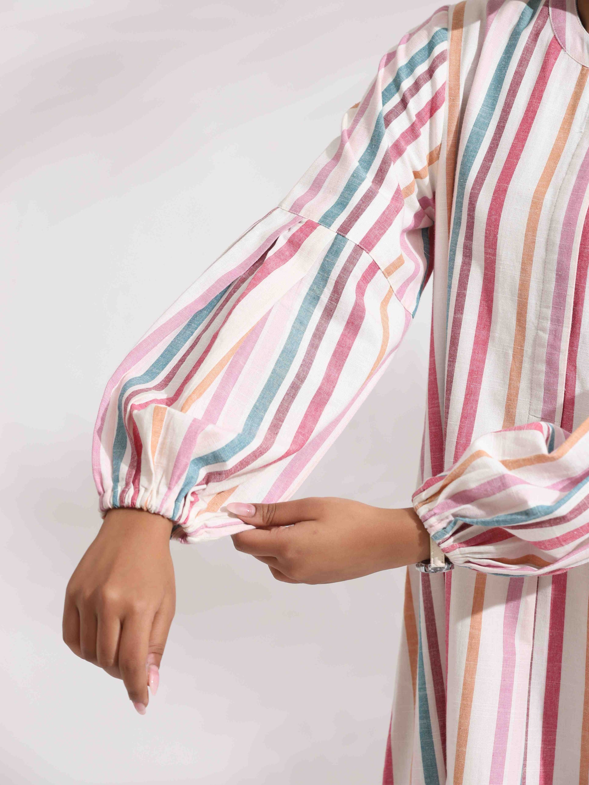 trueBrowns Off-White Cotton Multi Stripe Short Dress | Swadesiicart