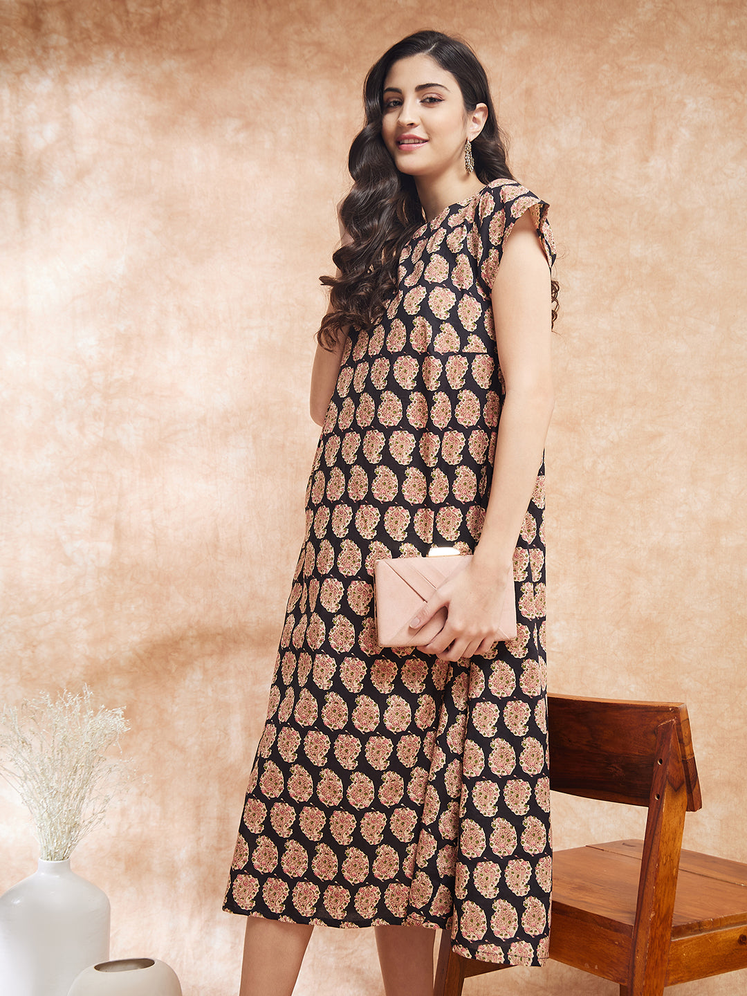 InWeave Women's Black Small Paisley Kalamkari A Line Dress - Swadesiicart