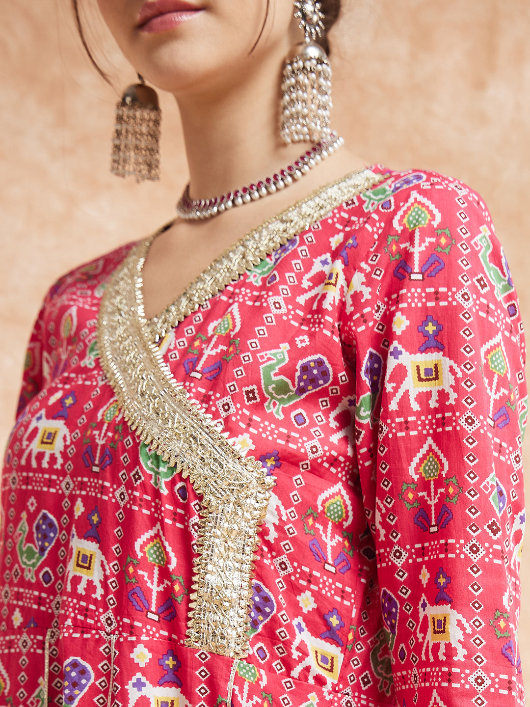 InWeave Women's Pink Patola Printed Gota Embroidered Anarkali Kurta - Swadesiicart