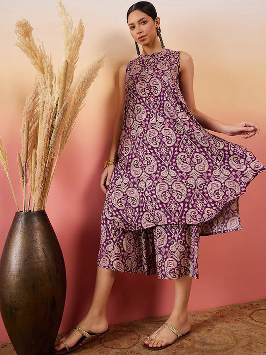 InWeave Dusty Mauve Paisley Round Neck Kurta Short Palazzo Set - Swadesiicart