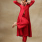 trueBrowns Maroon Textured Silk Front Slit Kurta Pant Set | Swadesiicart