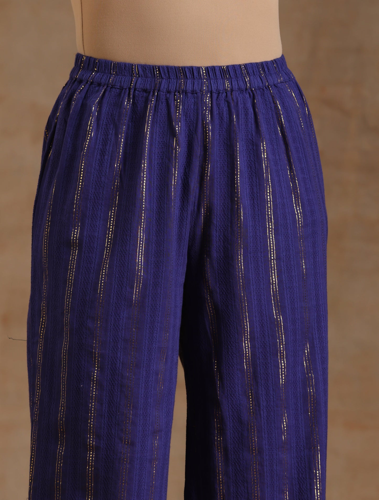 trueBrowns Spectrum Blue Gold Cotton Kalidar Kurta Set | Swadesiicart
