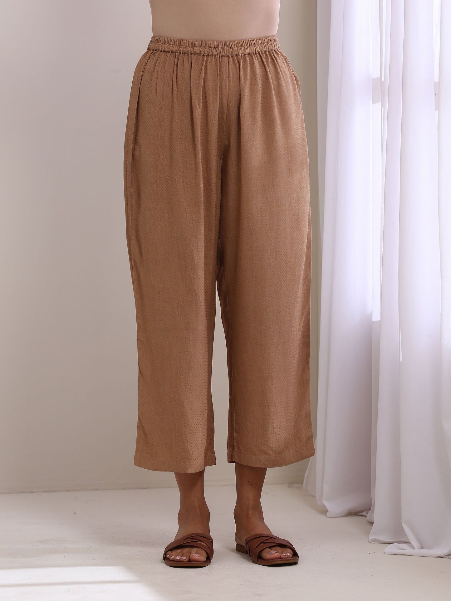 trueBrowns Beige Dobby Gathered Kurta Pant Set | Swadesiicart