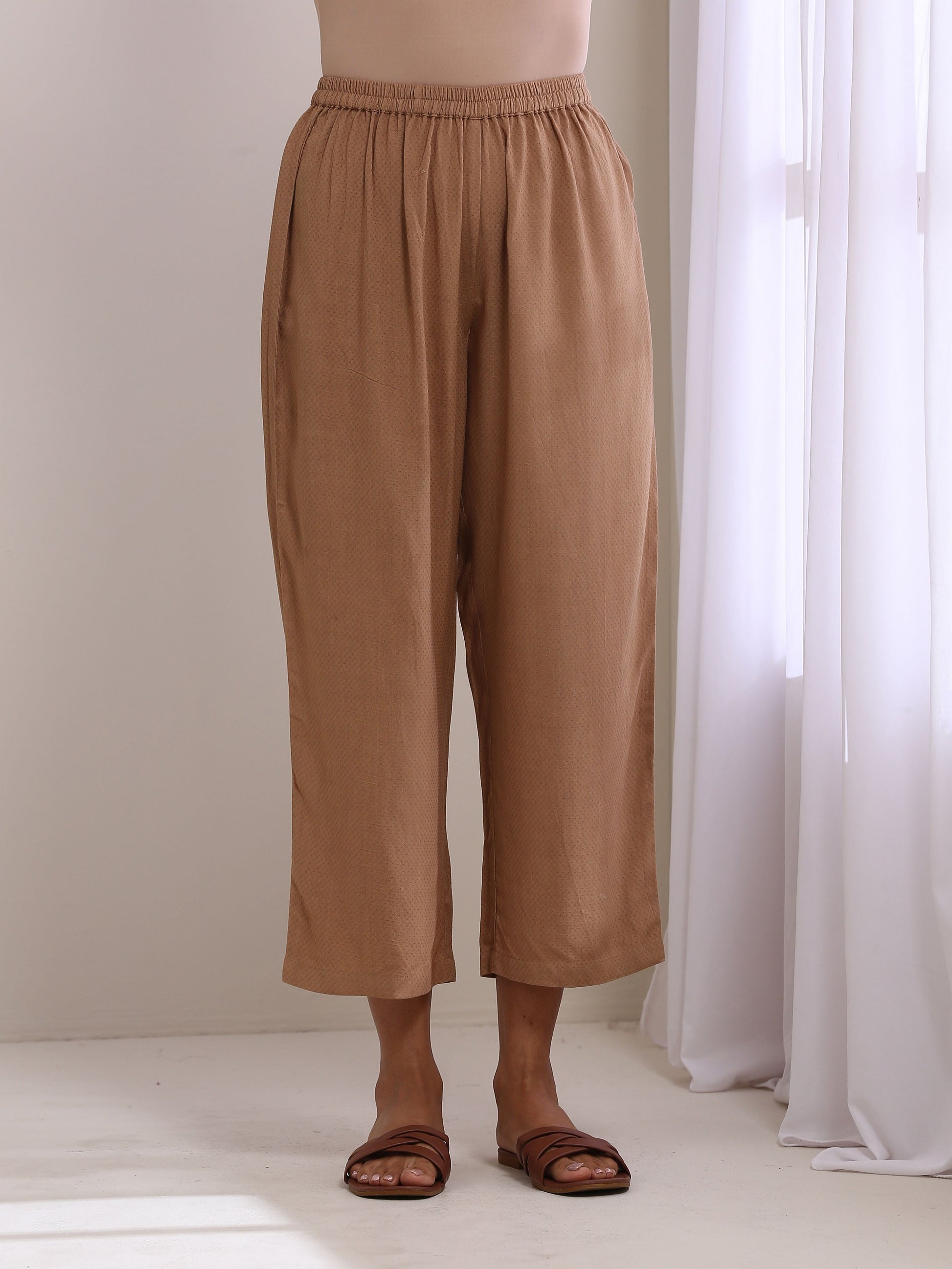 trueBrowns Beige Dobby Gathered Kurta Pant Set | Swadesiicart