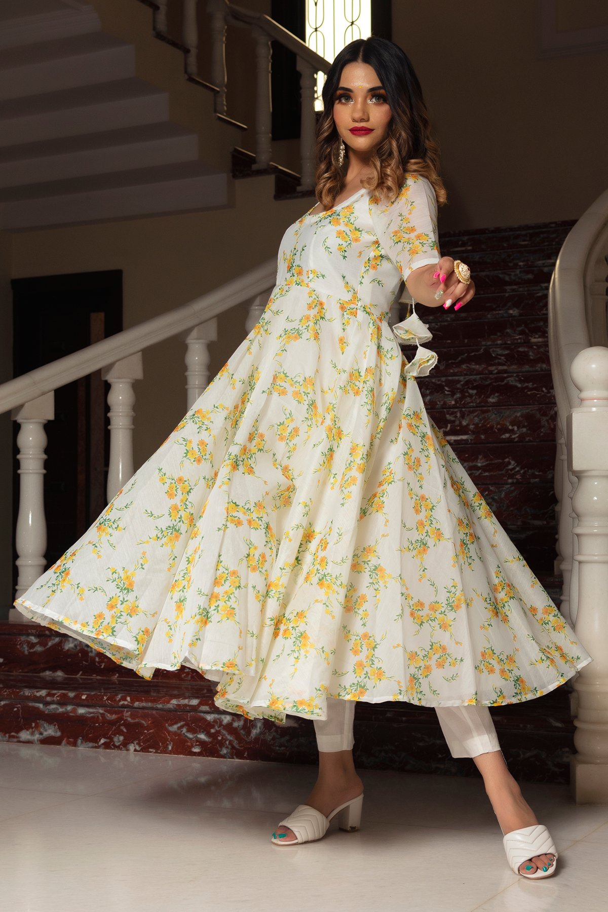 Pomcha Jaipur Yellow Phool Organza Anarkali Set | Swadesiicart