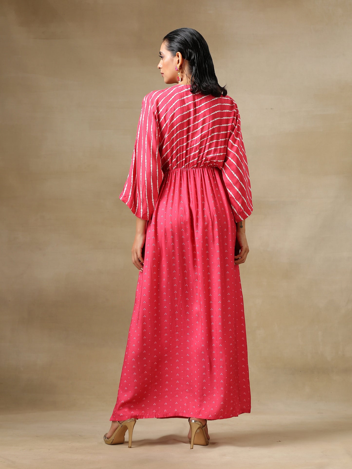 trueBrowns Pink Bandhani Printed Silk Drop Shoulder Dress | Swadesiicart