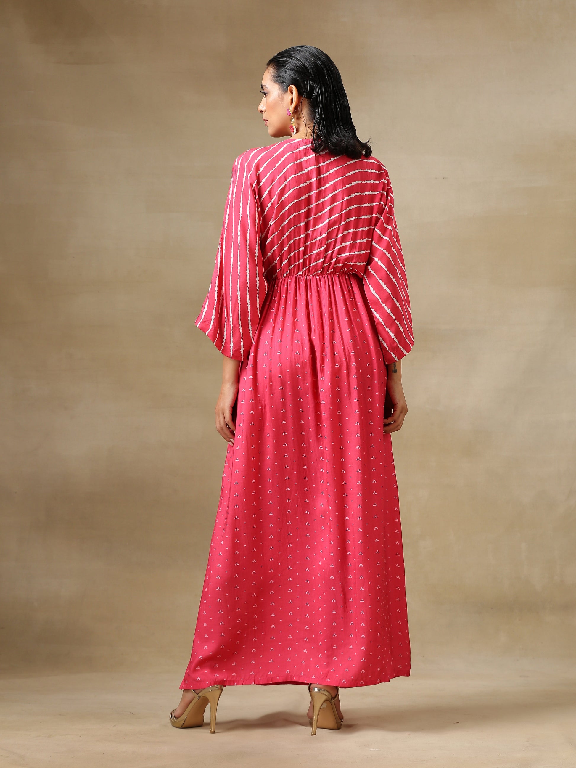 trueBrowns Pink Bandhani Printed Silk Drop Shoulder Dress | Swadesiicart