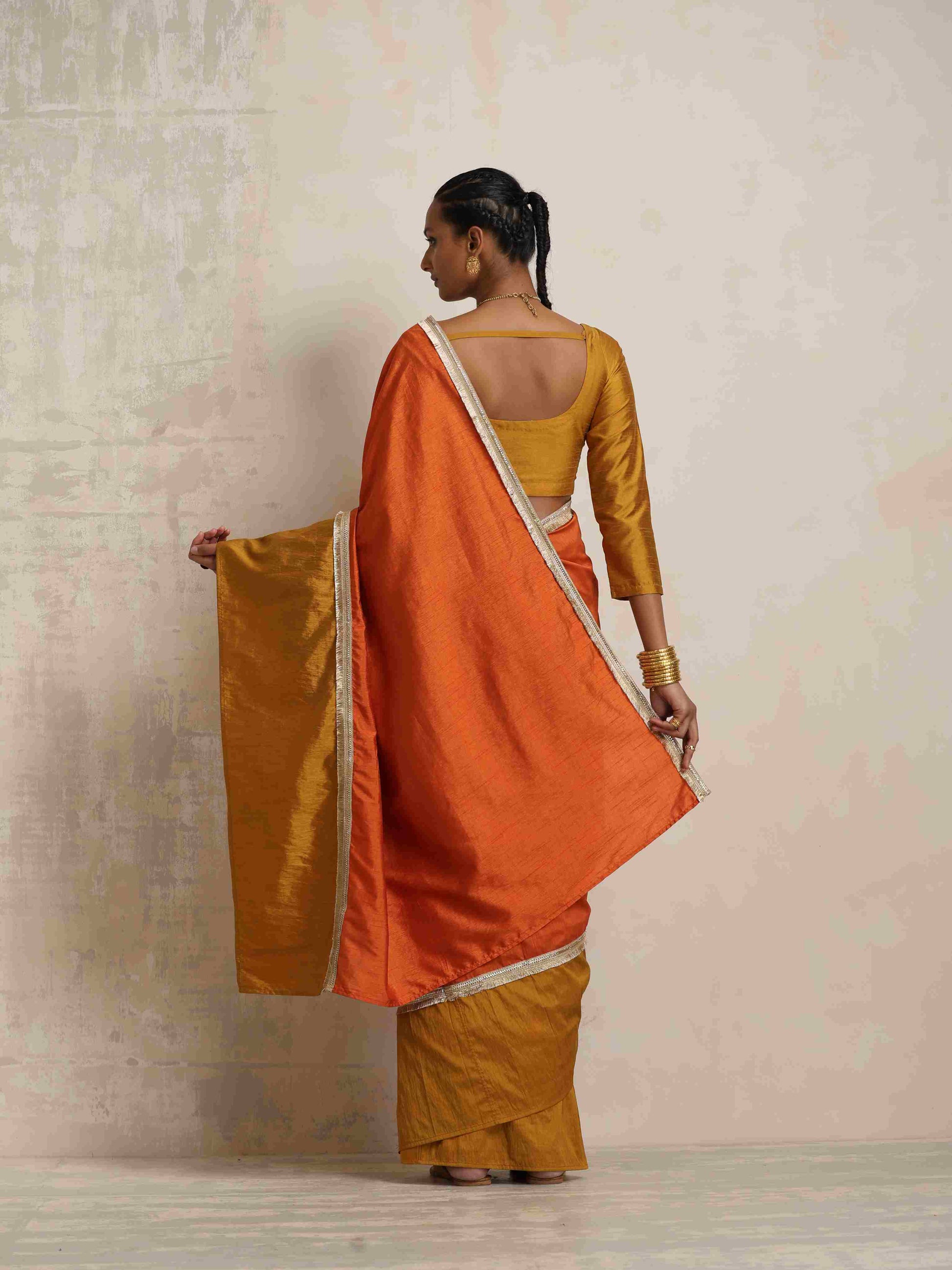 trueBrowns Orange Silk Ready To Wear Saree | Swadesiicart