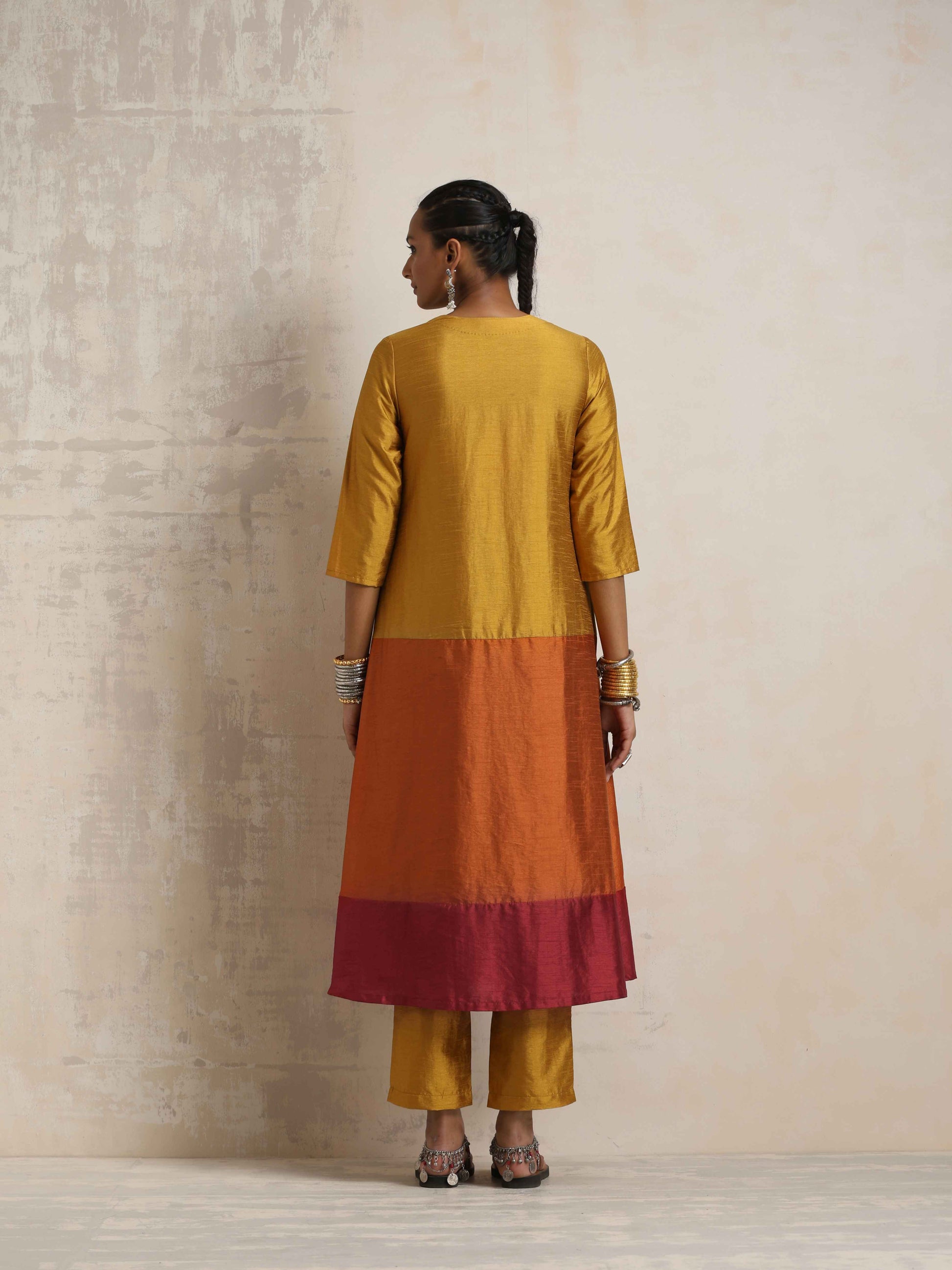 trueBrowns Gold Orange Silk A-line Kurta Set | Swadesiicart