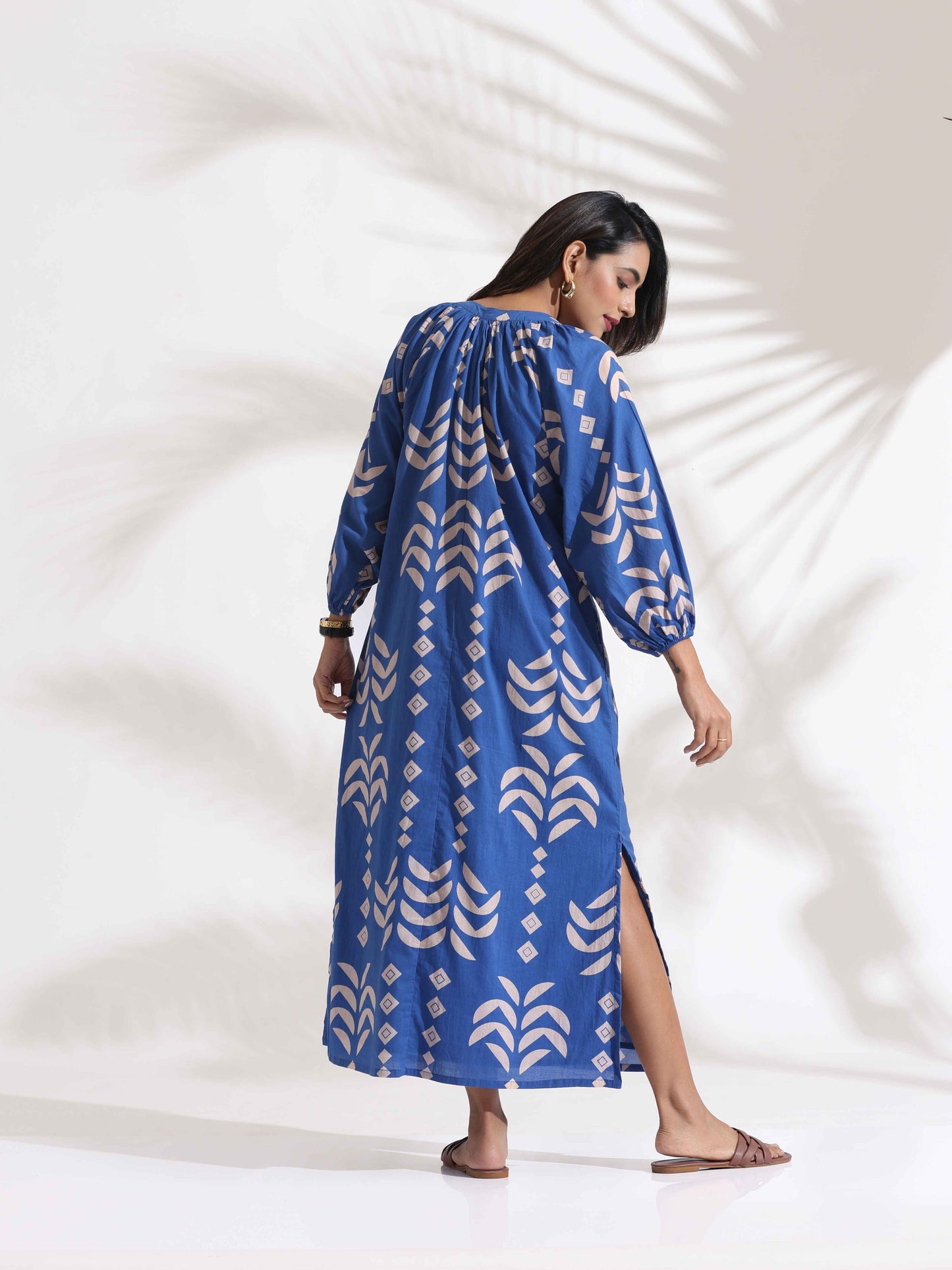 trueBrowns Blue Cotton Print Dress | Swadesiicart
