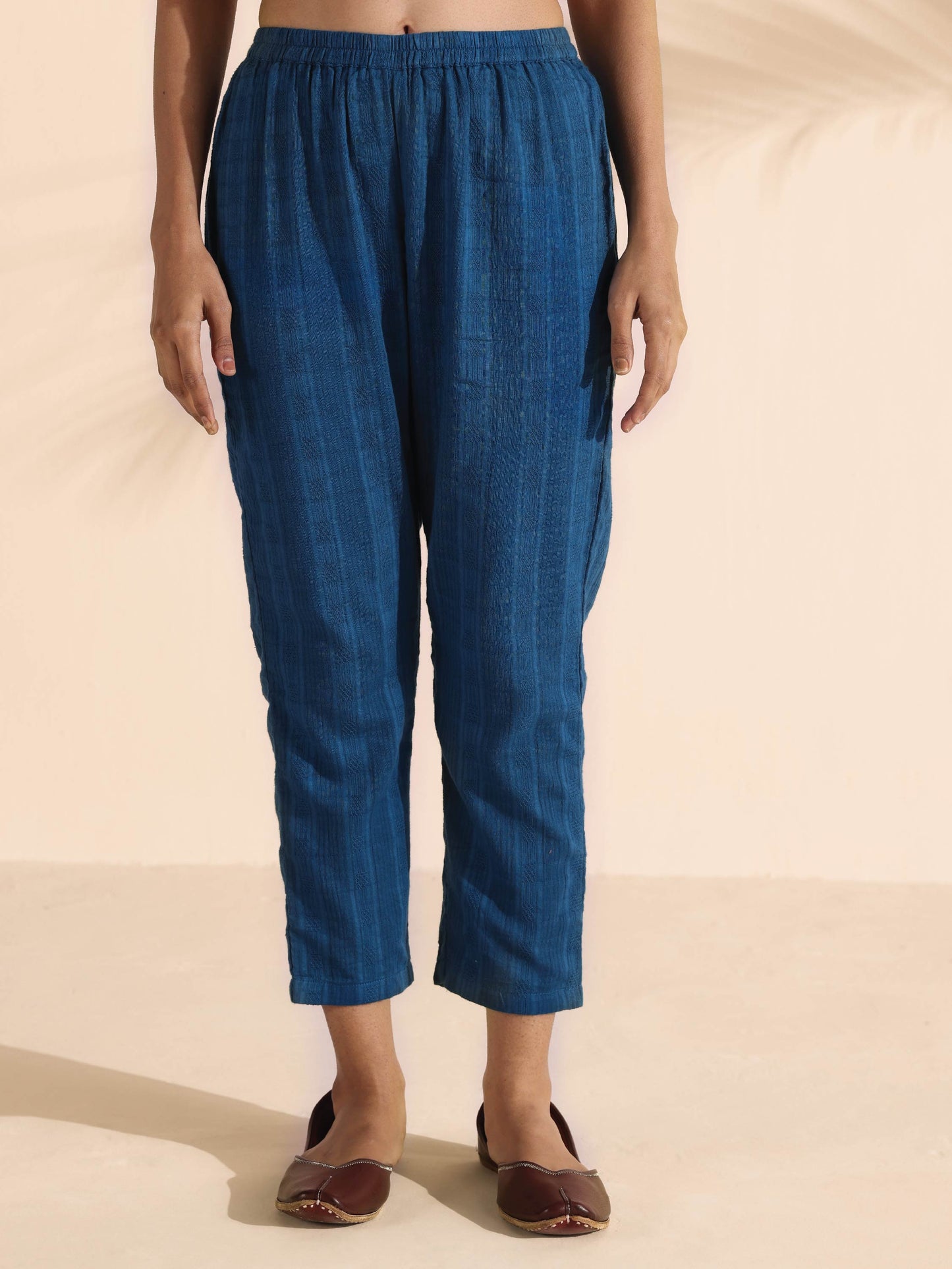 trueBrowns Blue Cotton Dobby Flared Kurta Pant Set | Swadesiicart