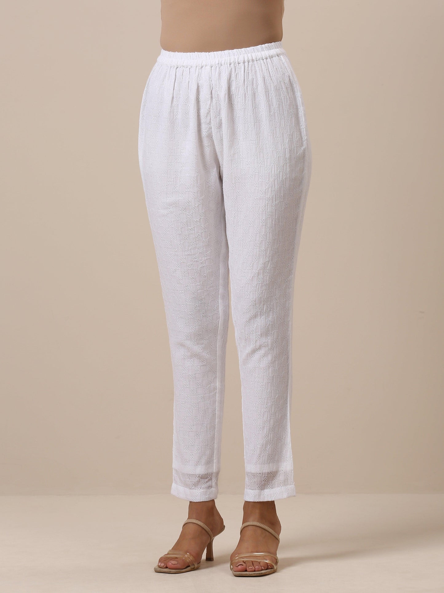 trueBrowns Cotton White Weave Collar Kurta Pant Set | Relove | Swadesiicart