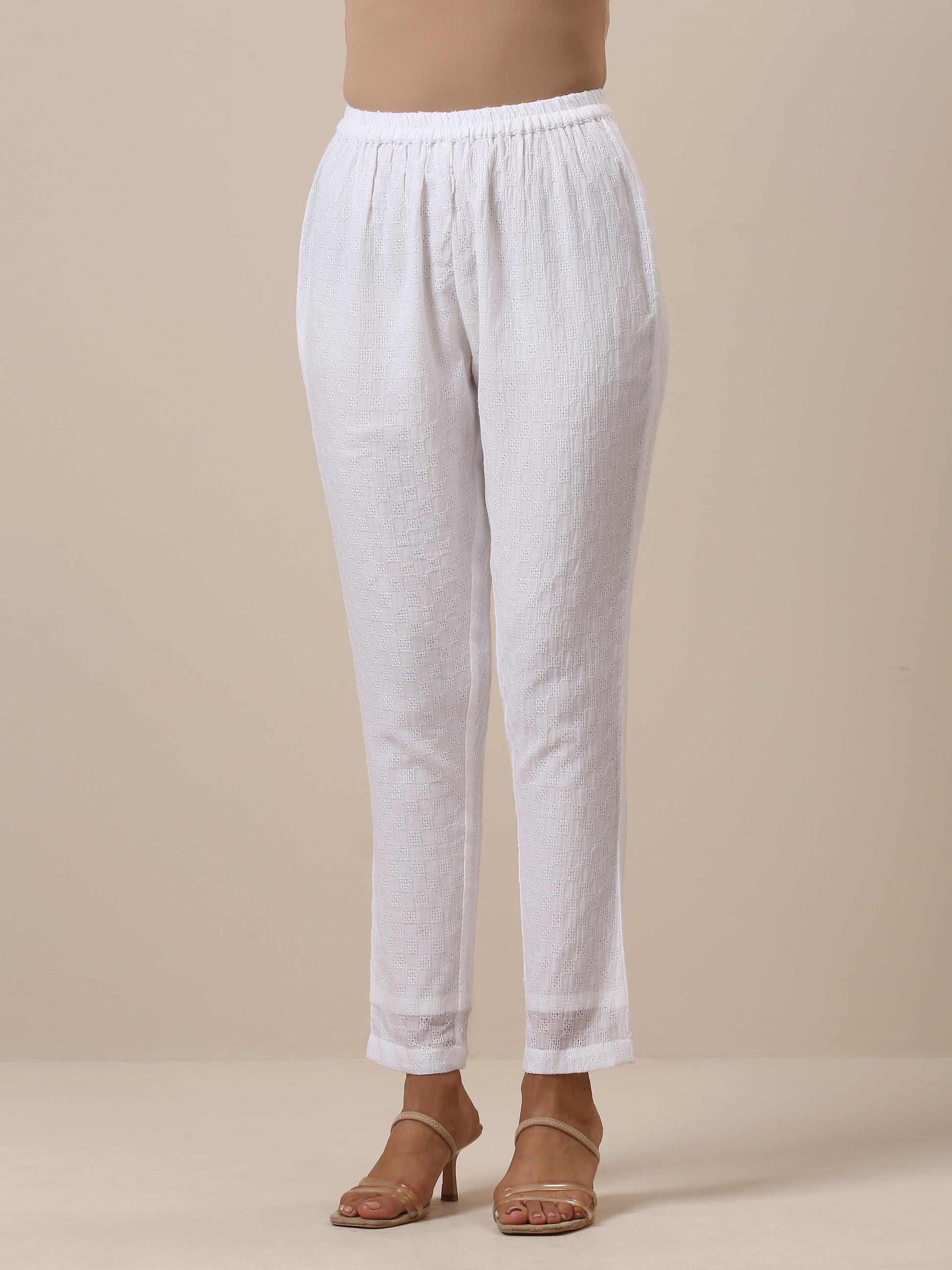 trueBrowns Cotton White Weave Collar Kurta Pant Set | Relove | Swadesiicart
