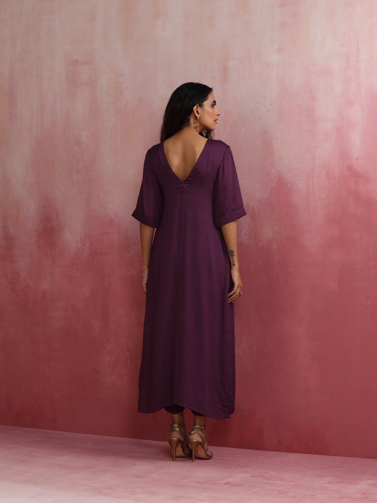 trueBrowns Purple Modal Pleated Kurta Set | Swadesiicart
