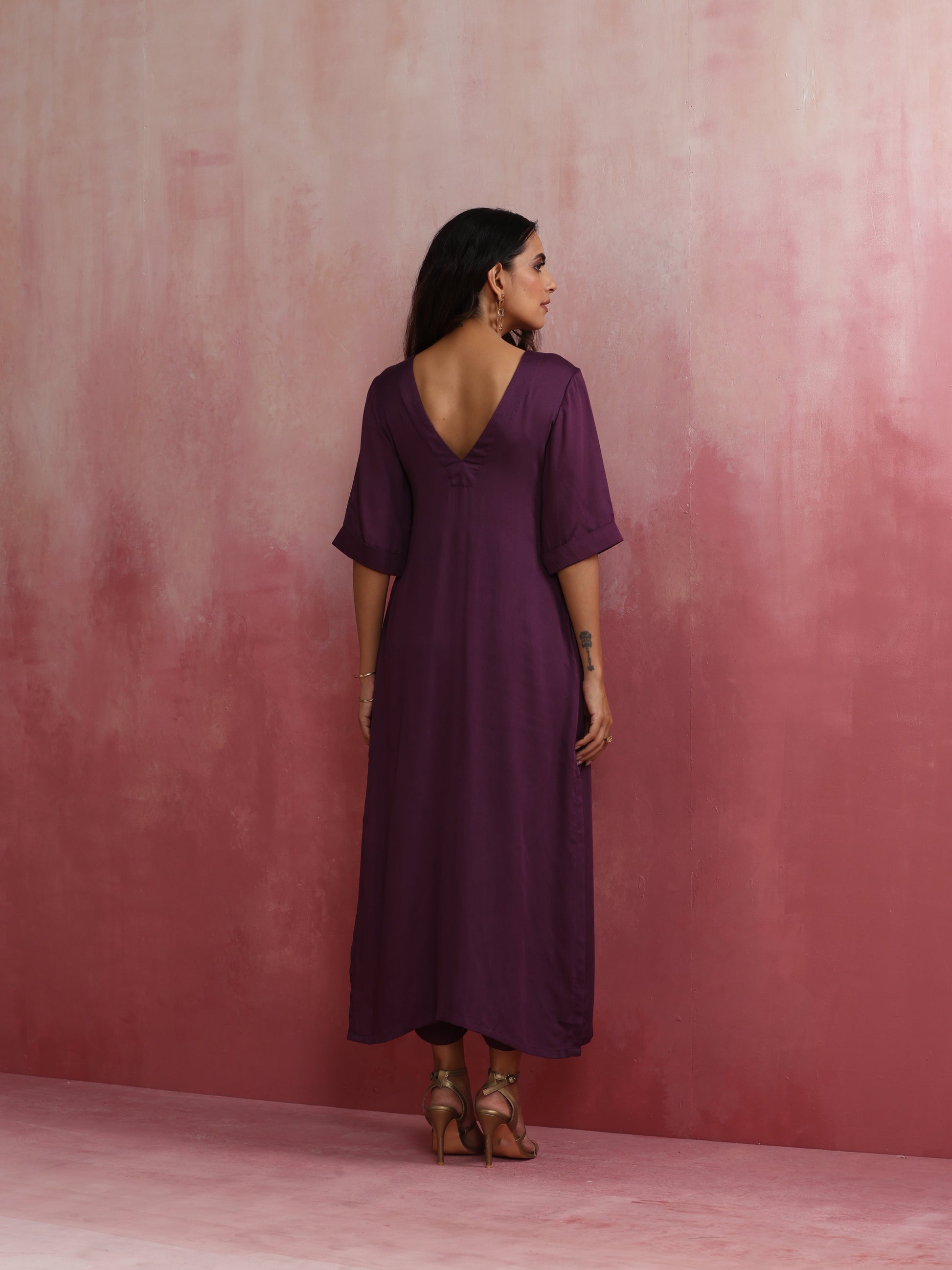 trueBrowns Purple Modal Pleated Kurta Set | Swadesiicart