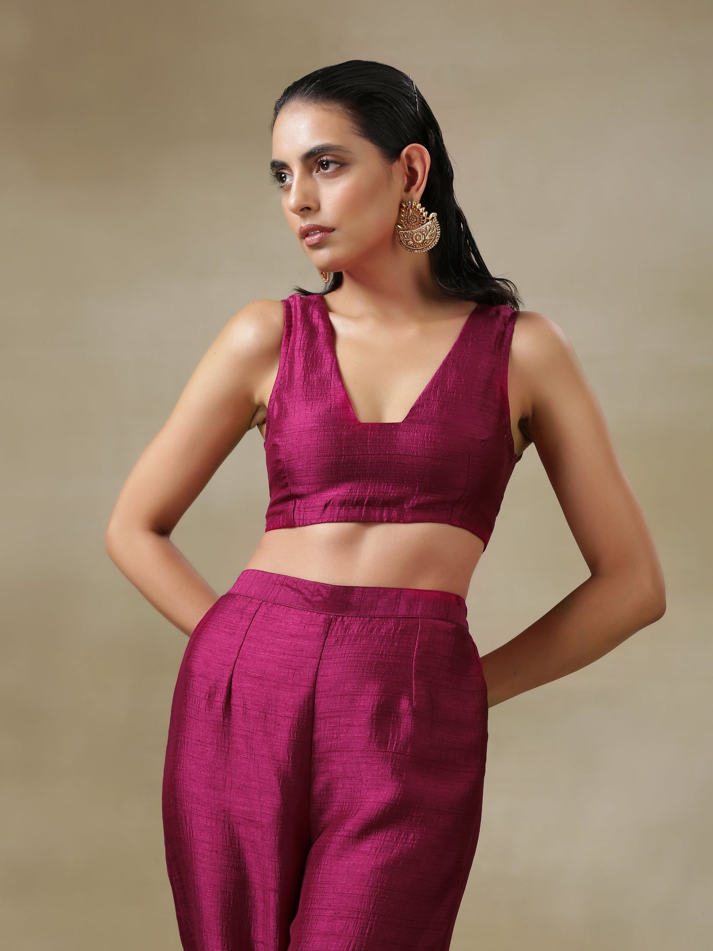 trueBrowns Purple Textured Silk Overlay Jacket Blouse Pant Set | Relove | Swadesiicart