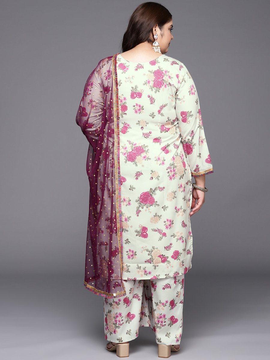 Ahalyaa Plus Size Floral Printed Zari Kurta with Palazzos & With Dupatta | Swadesiicart