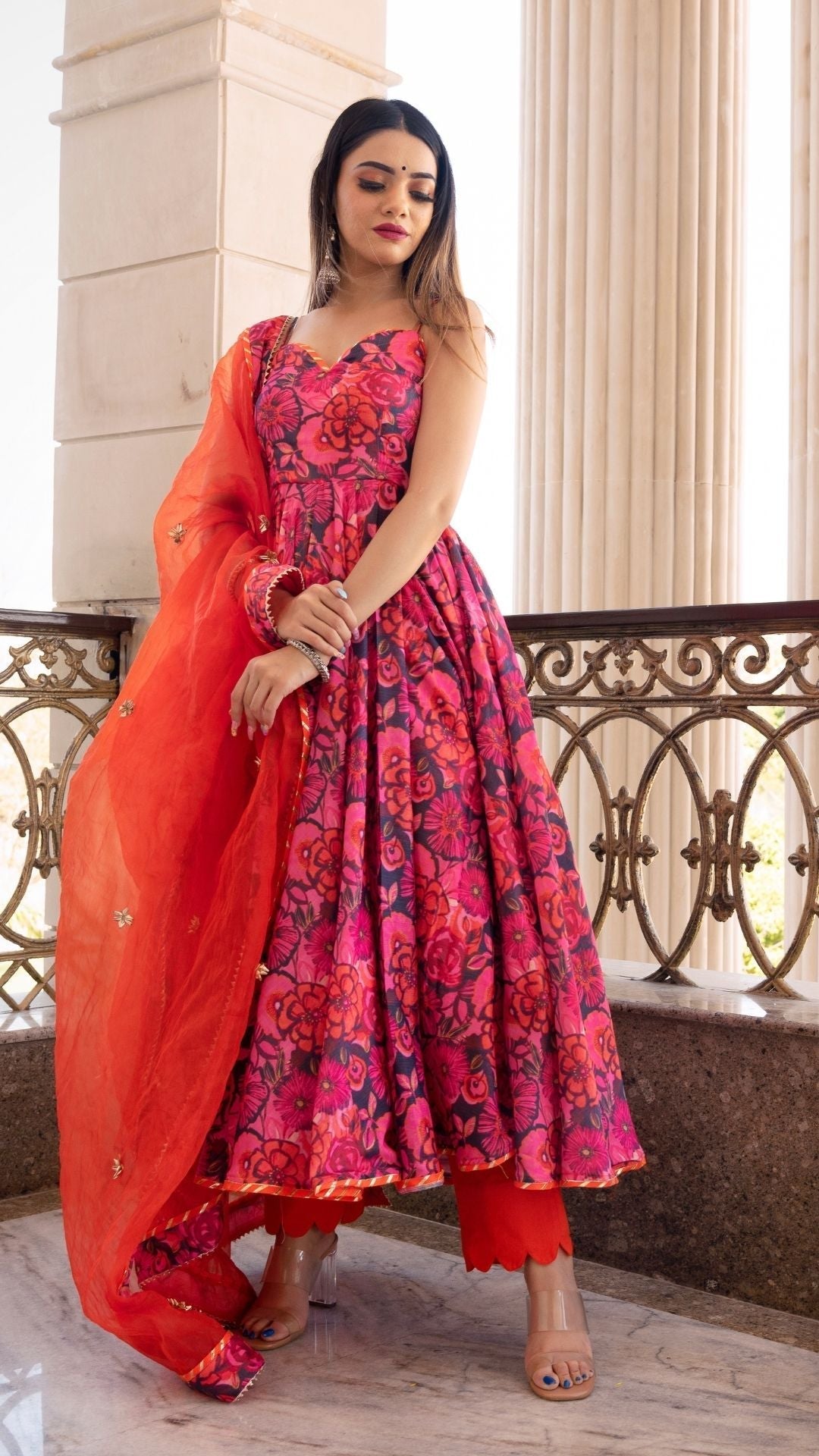 Pomcha Jaipur Tara Orange Printed Anarkali Set | Swadesiicart