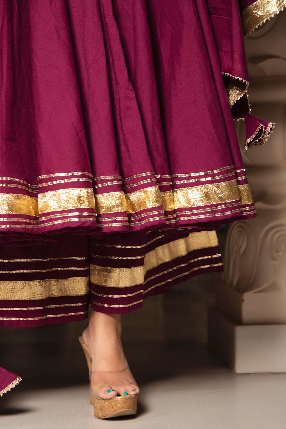 Pomcha Jaipur Burgundy Pure Cotton Anarkali Set | Swadesiicart