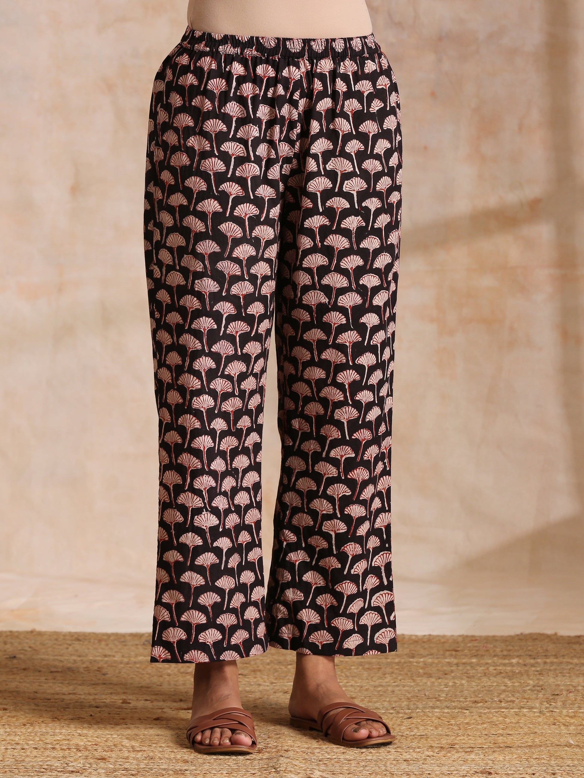 trueBrowns Rust Red Bagru Floral Print Cotton Panel Kaftan Kurta Pant Set | Swadesiicart
