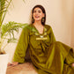 InWeave Women's Olive V Neck Asymmetrical Pleated Velvet Kurta Set - Swadesiicart