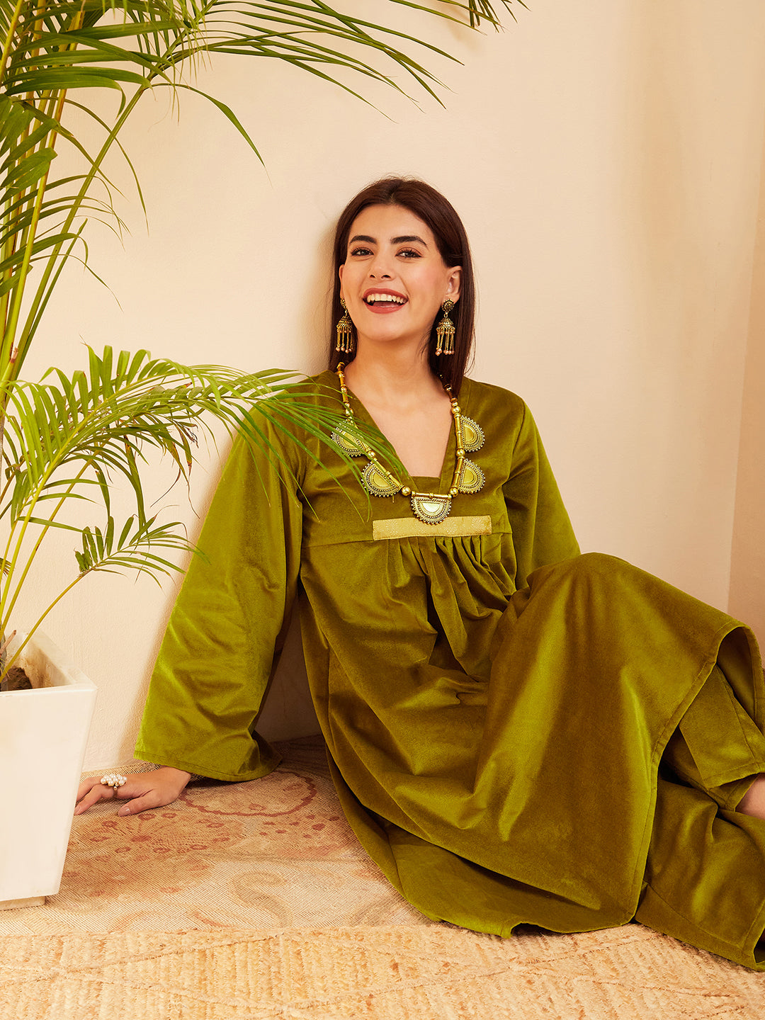 InWeave Women's Olive V Neck Asymmetrical Pleated Velvet Kurta Set - Swadesiicart