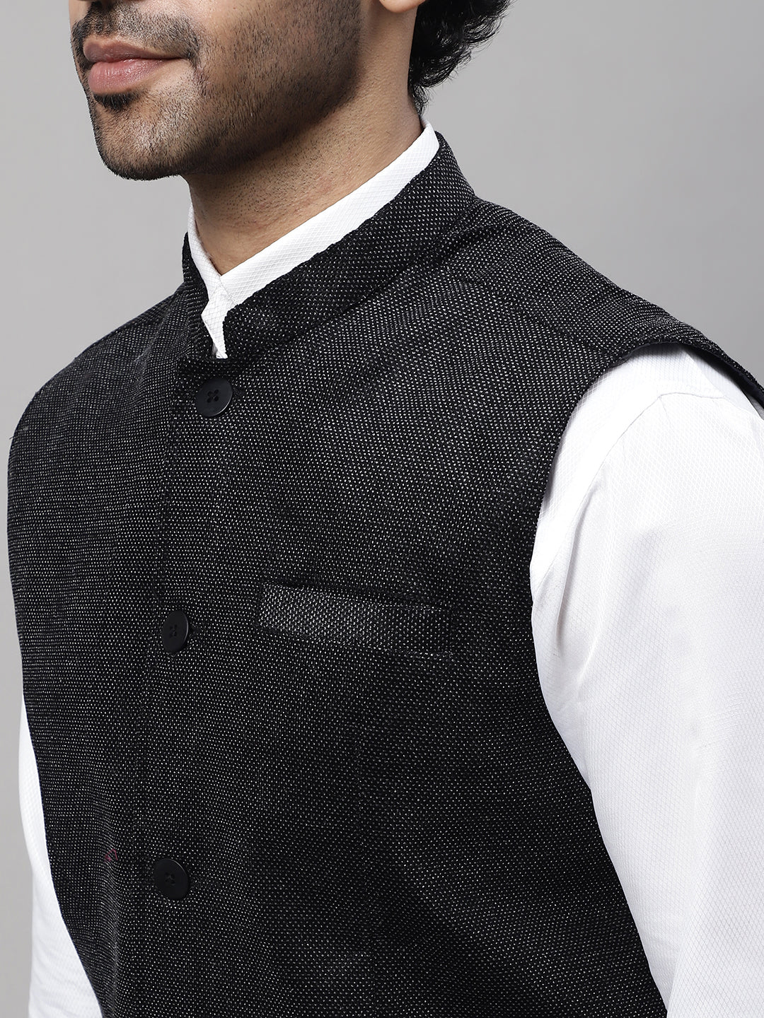 Even Apparels Men's Black Nehru Jacket With Welt Pockets | Swadesiicart