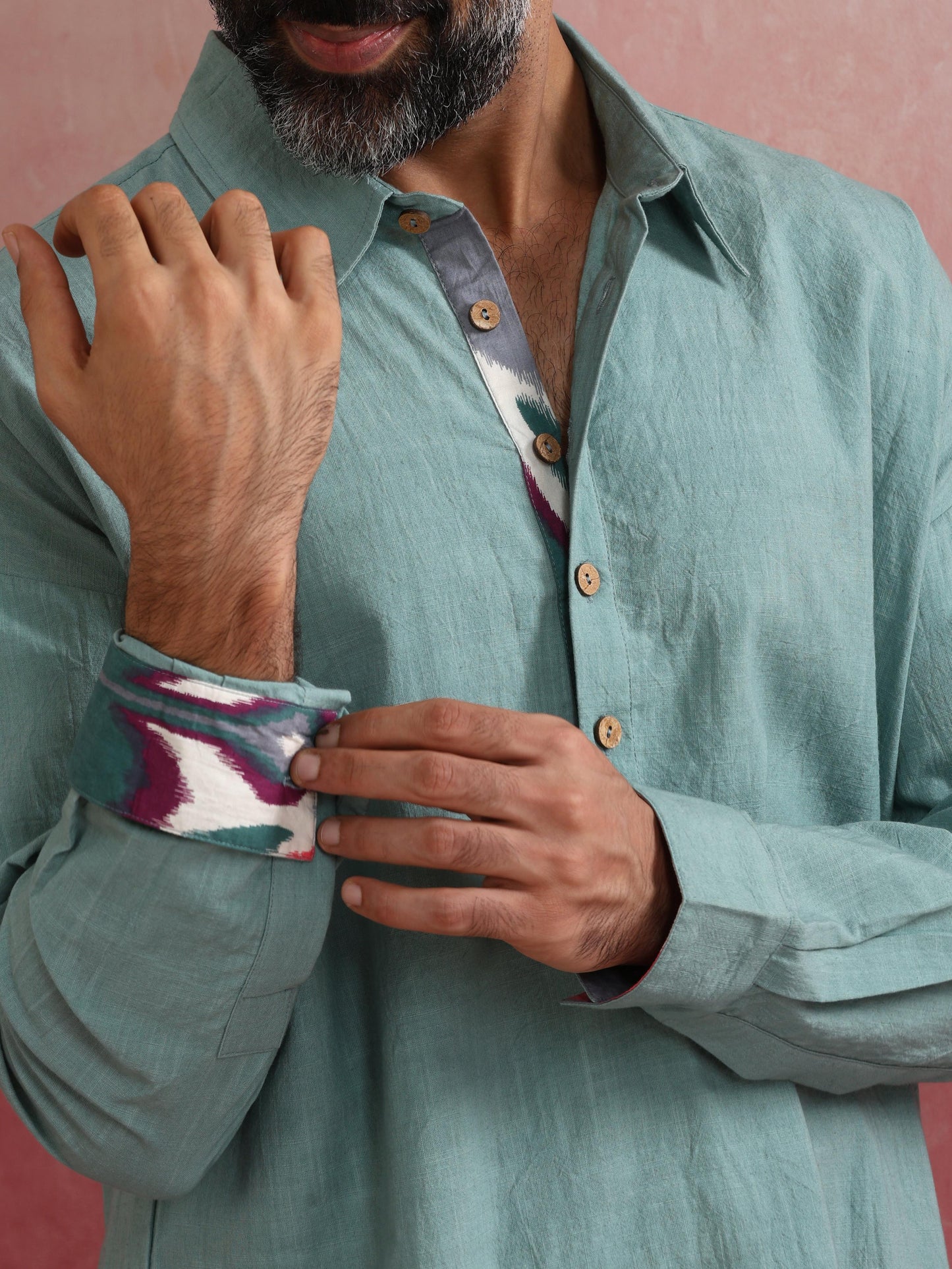 trueBrowns Men's Aqua Blue Cotton Shirt Collar Stylized Kurta | Swadesiicart