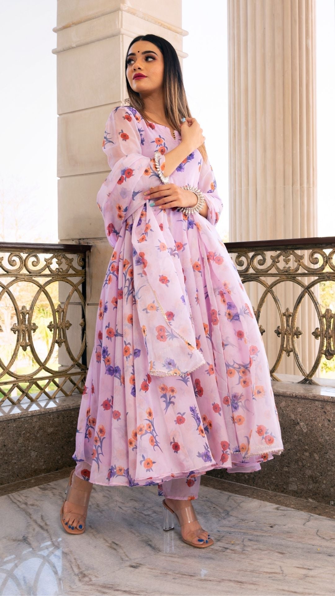 Pomcha Jaipur Lavender Gangaur Printed Organza Anarkali | Swadesiicart