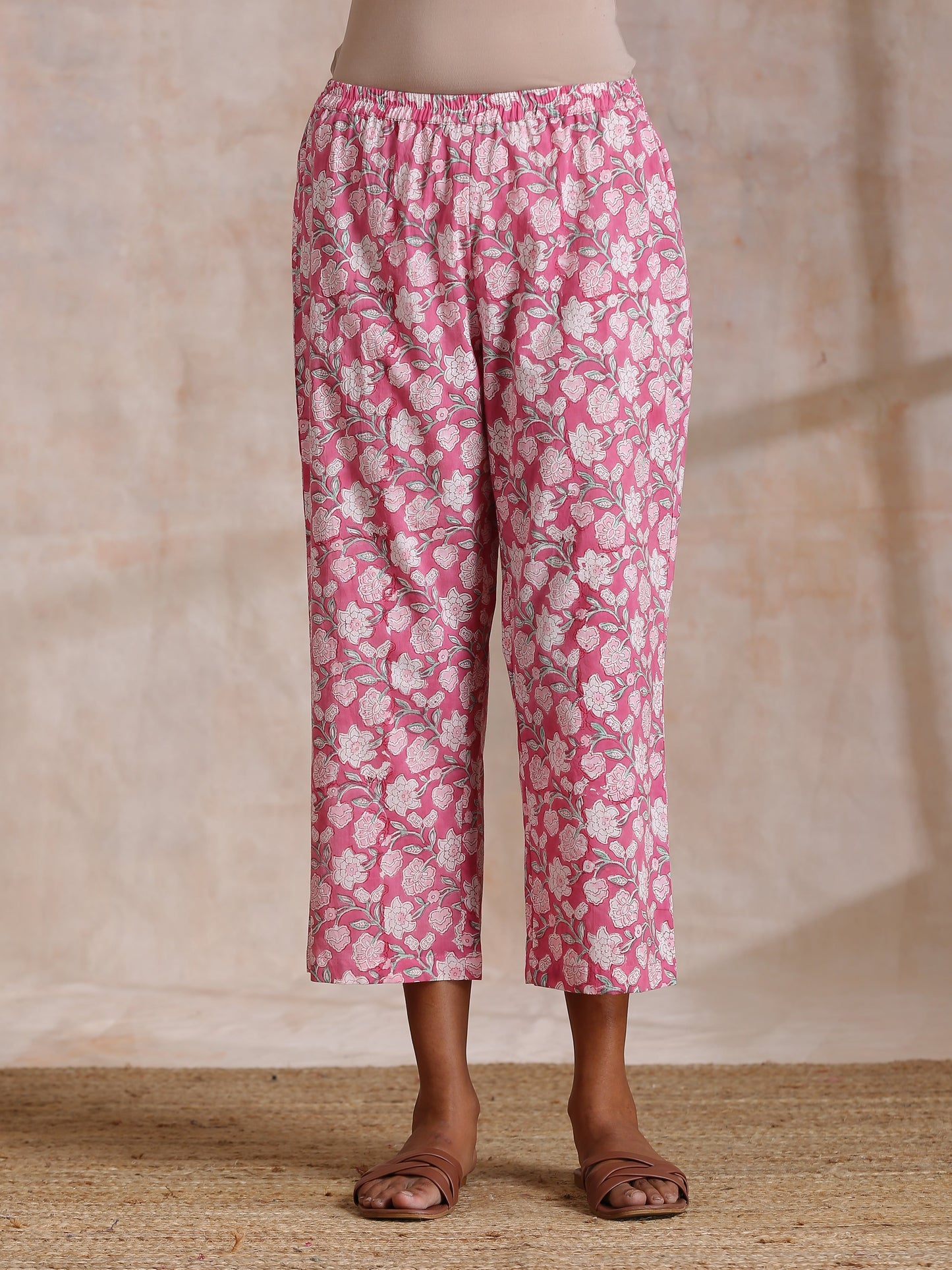 trueBrowns Pink Green Floral On White Block Print Cotton Sleeveless Flared Kurta Pant Set | Swadesiicart
