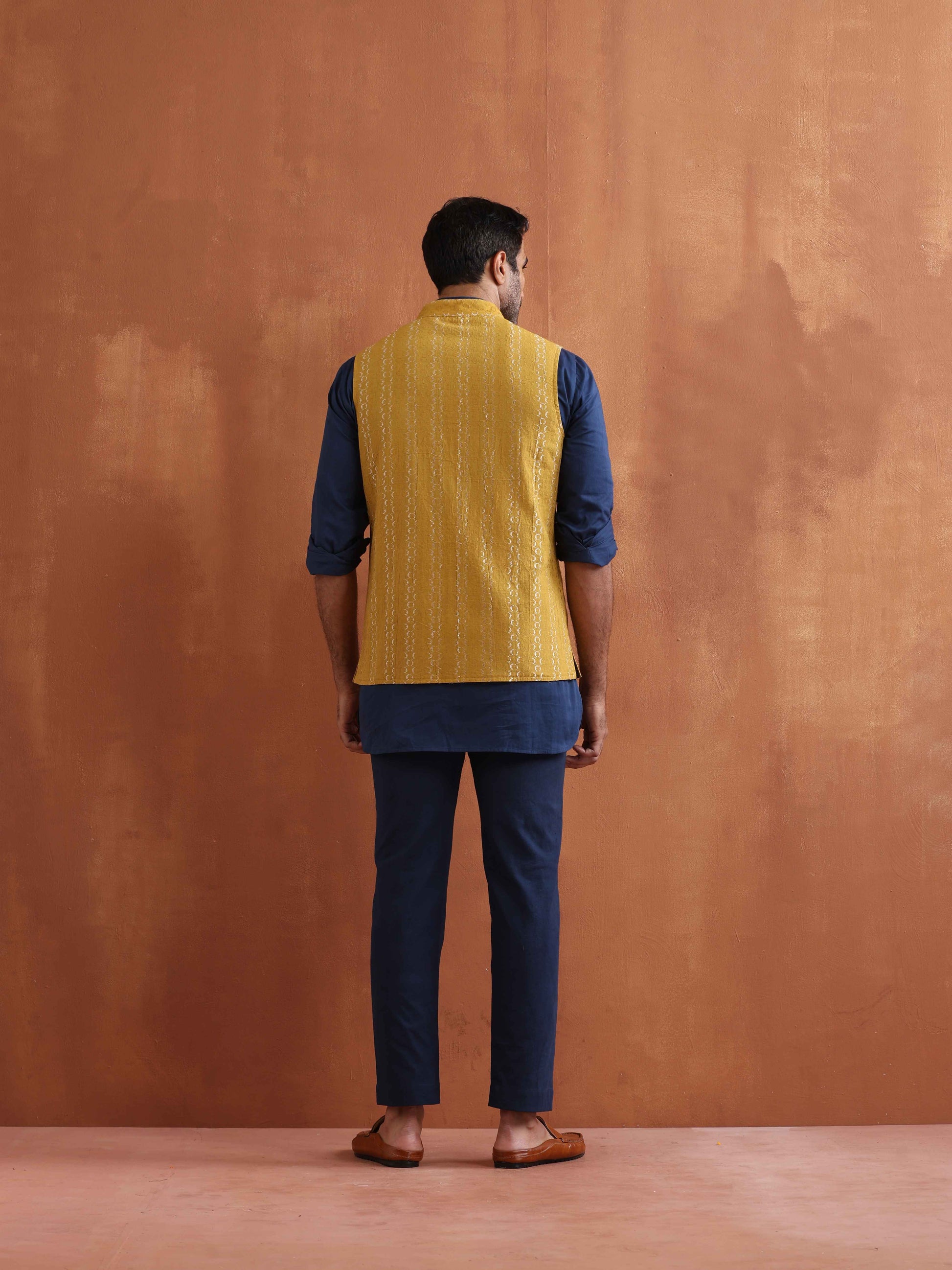 trueBrowns Men's Mustard Cotton Dobby Reversible Nehru Jacket | Swadesiicart