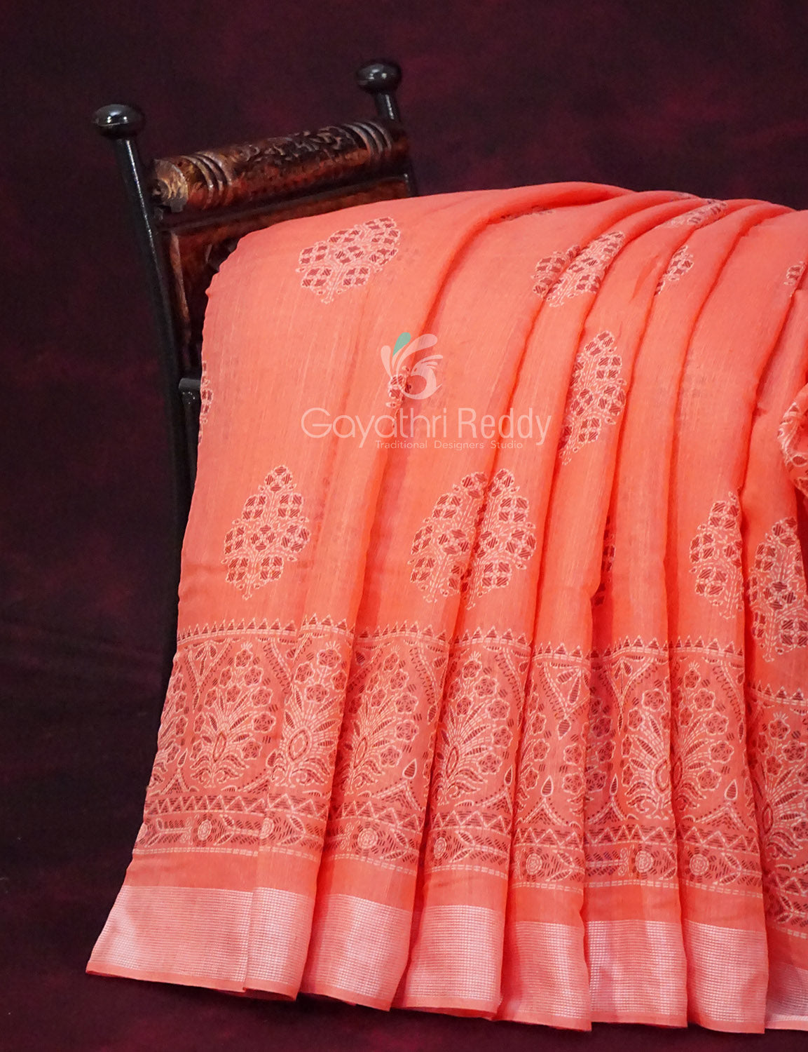 Peachish Orange Block Printed Semi Chanderi Saree By Gayathri Reddy Designer Studio | Swadesiicart