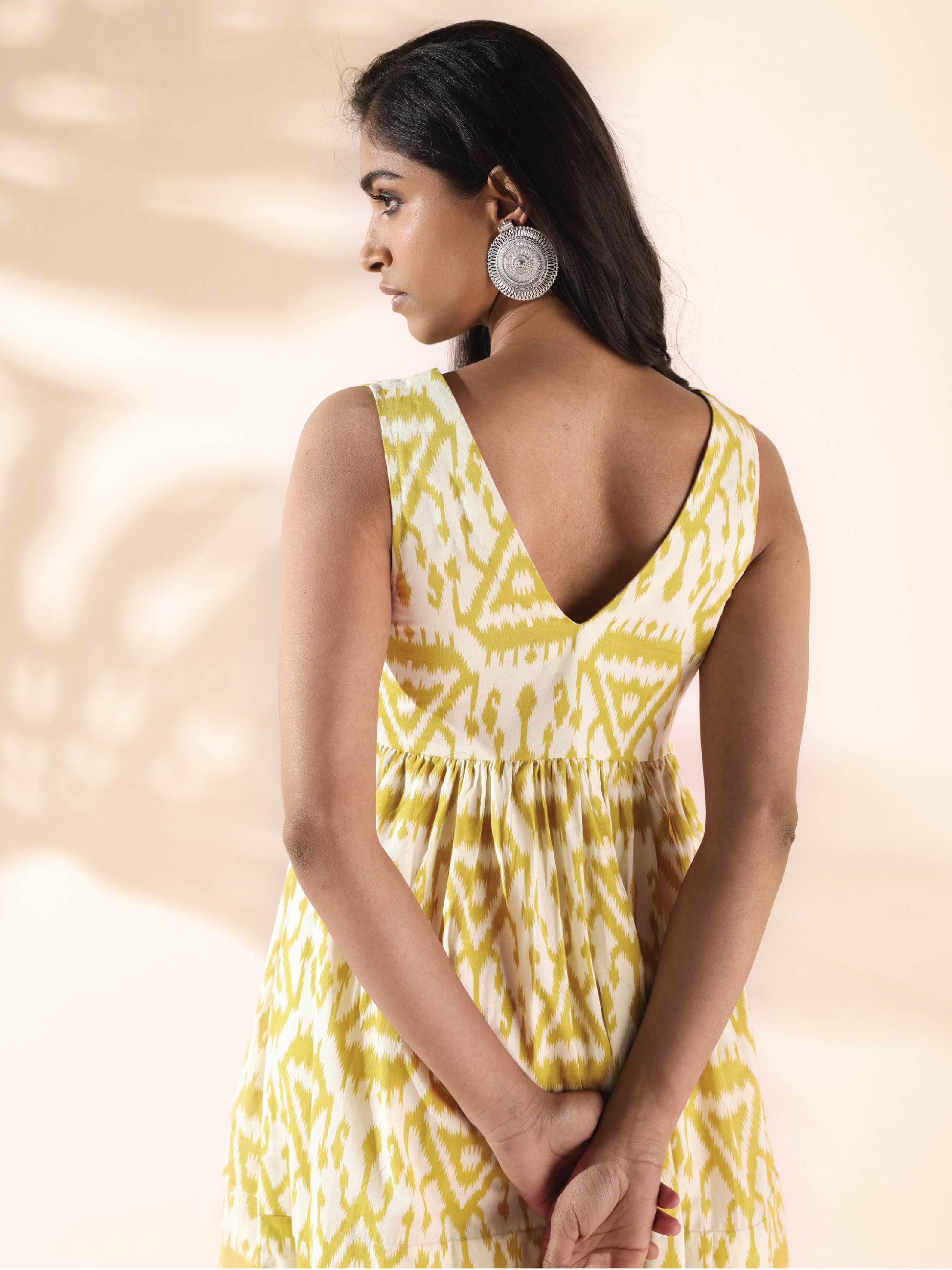 trueBrowns Lime Cotton Ikat Sleeveless Flared Dress | Swadesiicart