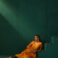 trueBrowns Mustard Geometric Floral Viscose Silk Front Gathered Kurta Pant Set | Swadesiicart