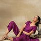 trueBrowns Purple Bandhani Printed Silk Drop Shoulder Kurta Pant Set | Swadesiicart