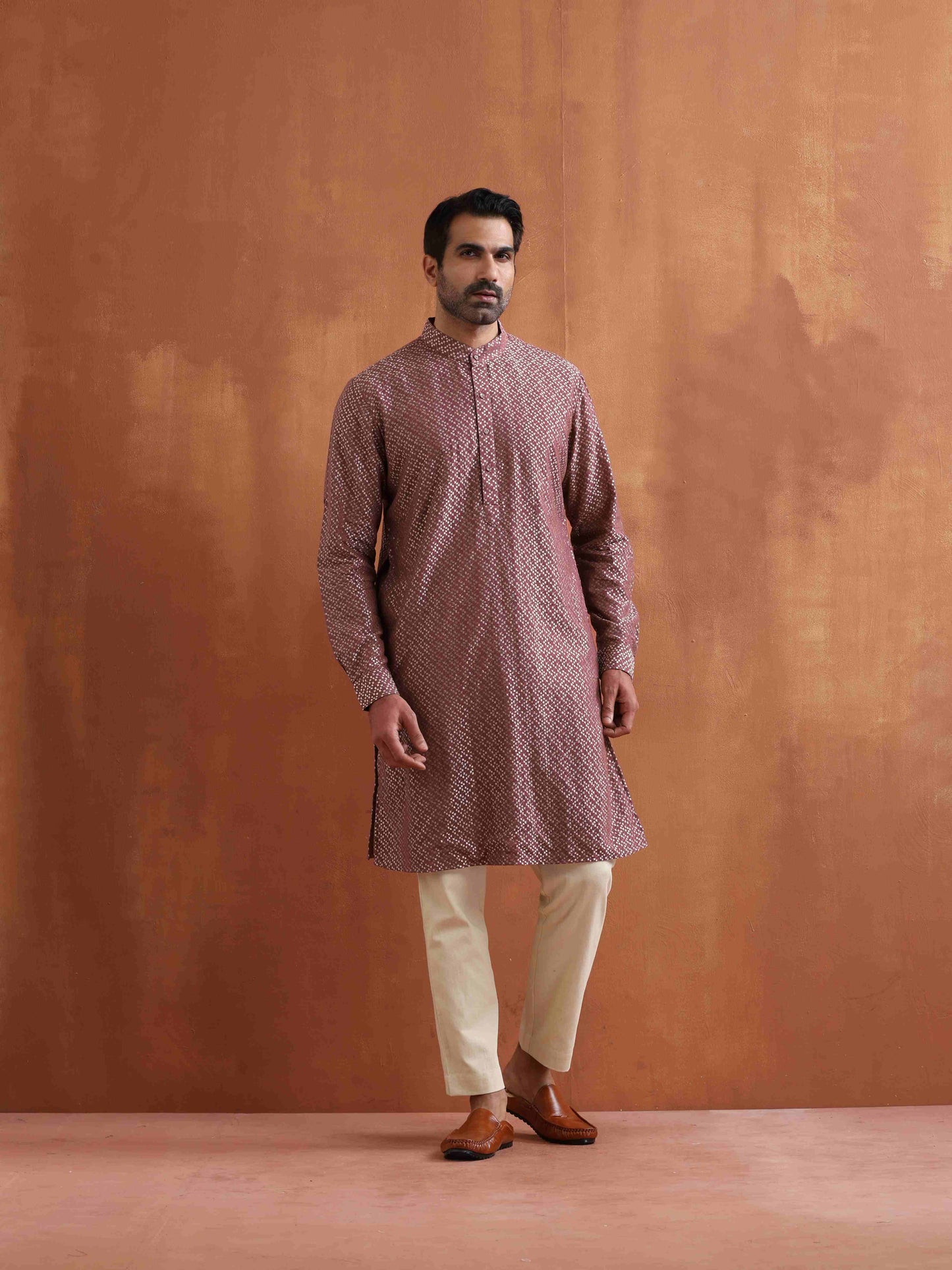 trueBrowns Men's Purple Cotton Dobby Kurta | Swadesiicart