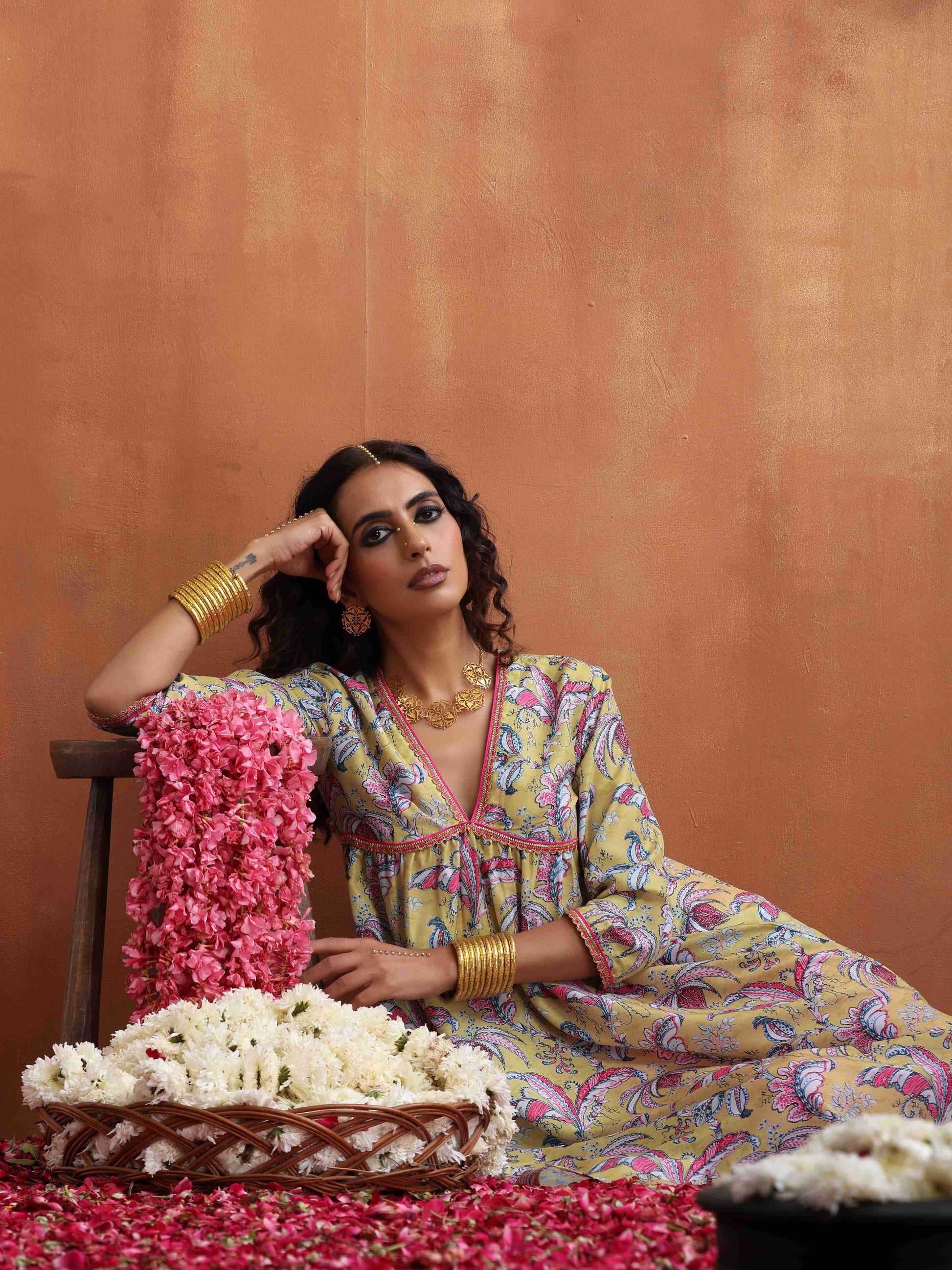 trueBrowns Yellow Print Anarkali Kurta Co-ord Set - Swadesiicart